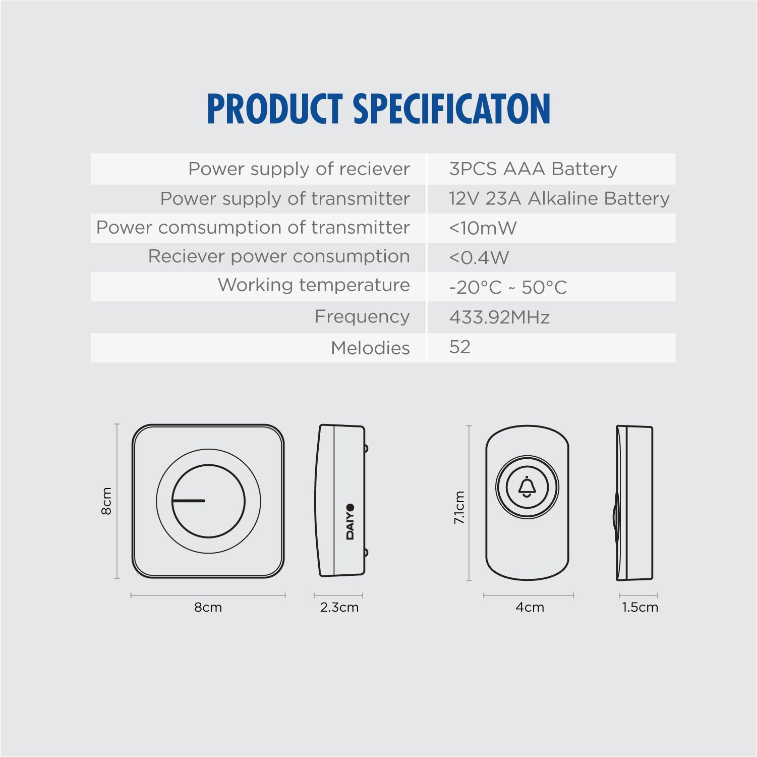 Daiyo DDB 50W-2 Wireless Digital Dual Doorbell (2 Doorbell 1 Switch)