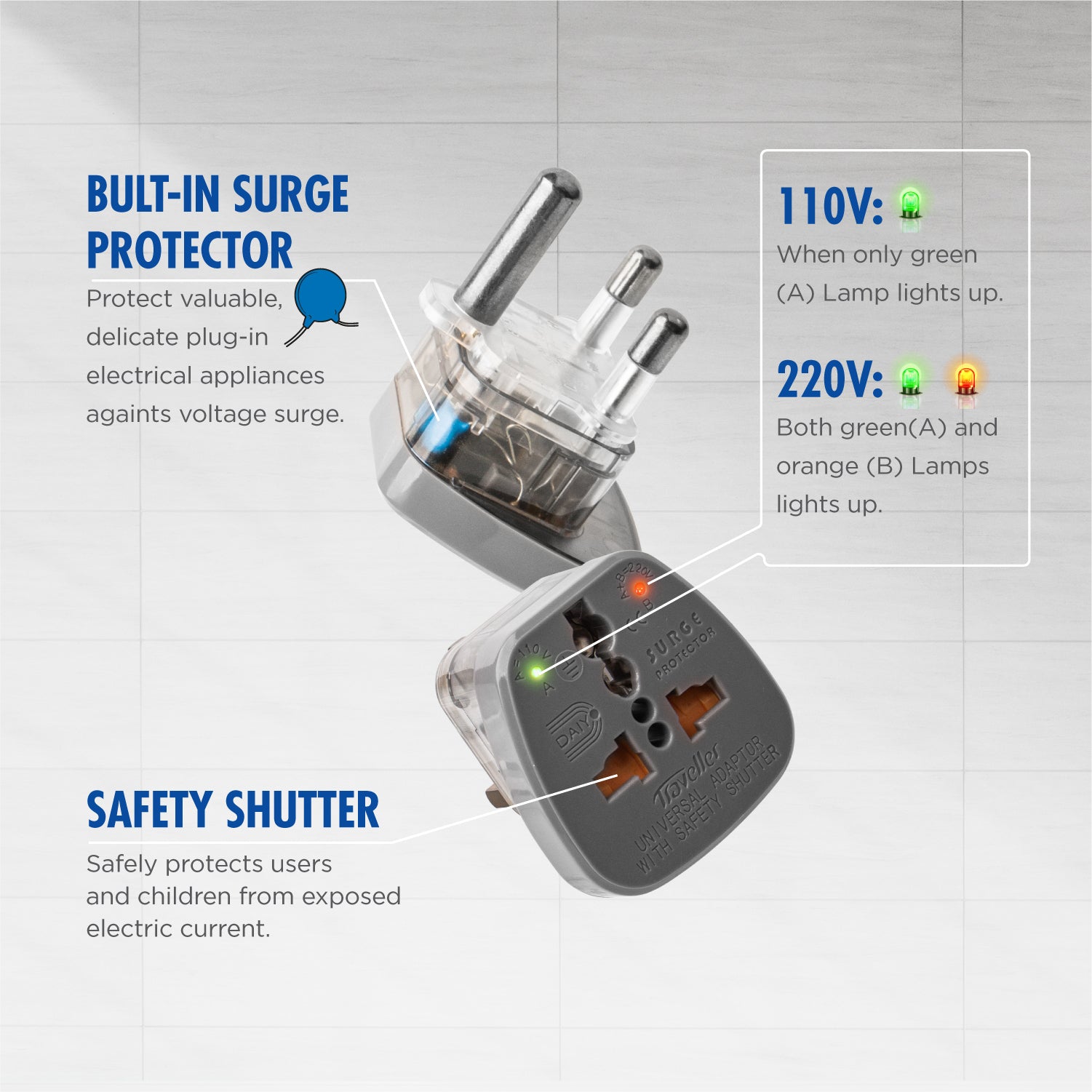 Daiyo DE 229 Traveller Adaptor South African 3 Prong With Earth | Botswana, India, Lesotho, Mozambique, Namibia, Nepal, South Africa, Sri Lanka, Swaziland