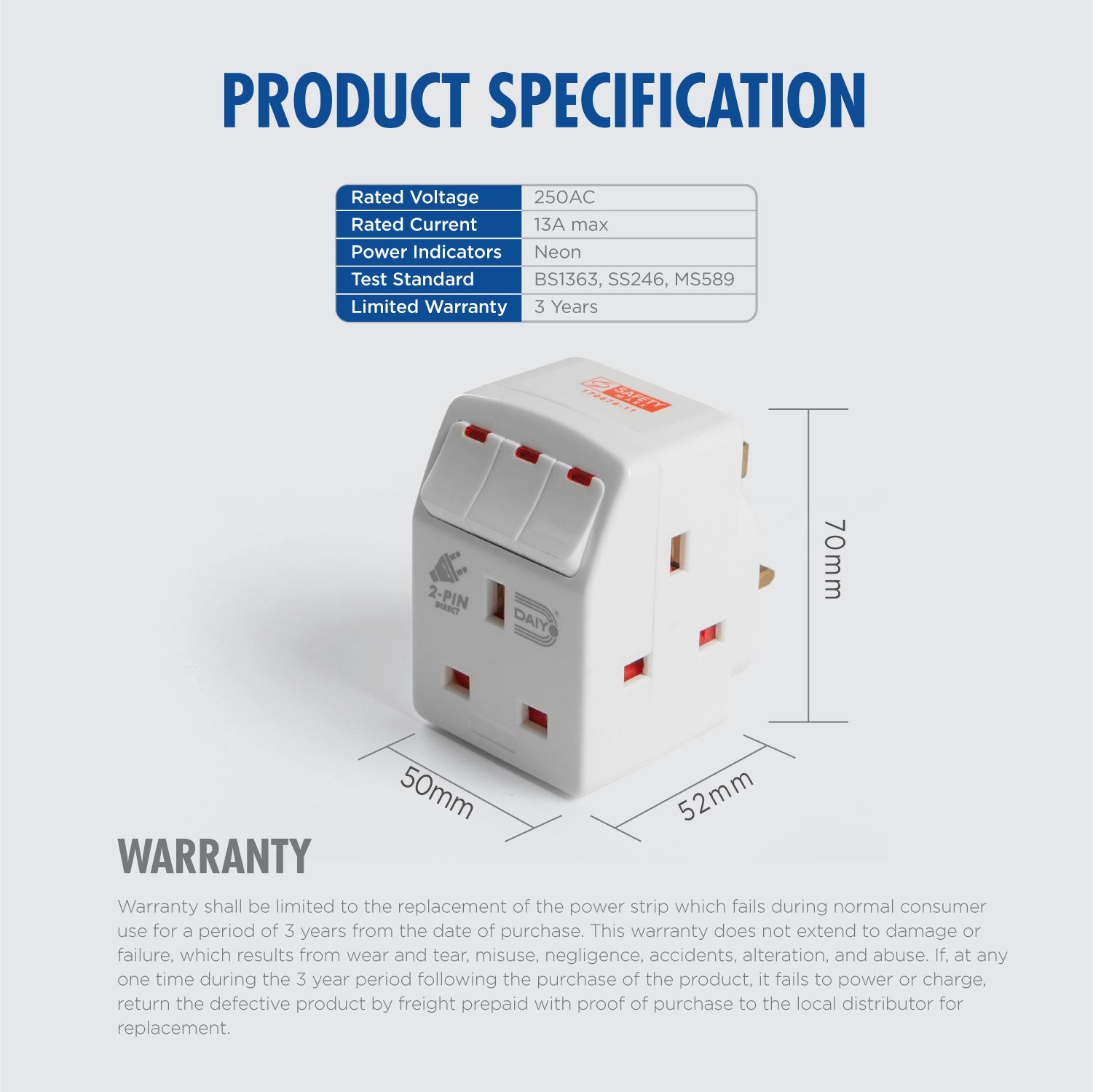Daiyo DE 291 3 Way Multi Adaptor With Switch & Neon X 2 Pieces