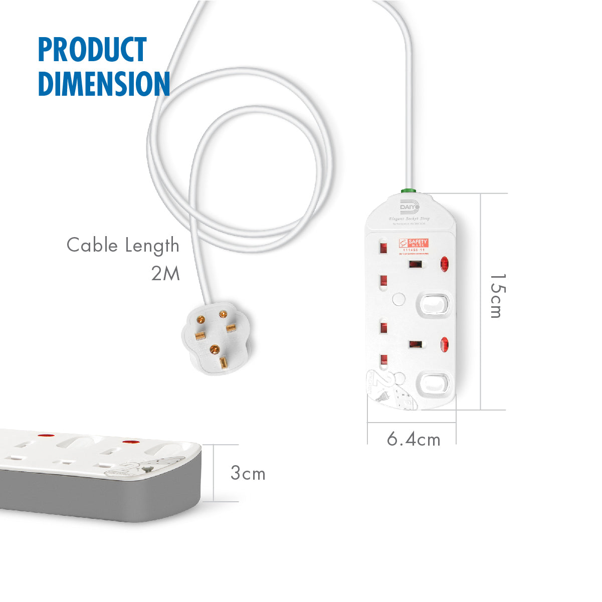 Daiyo DE 292 2 Way Elegant Surge Protector Power Extension Socket Strip with 2 Meter Power Cord