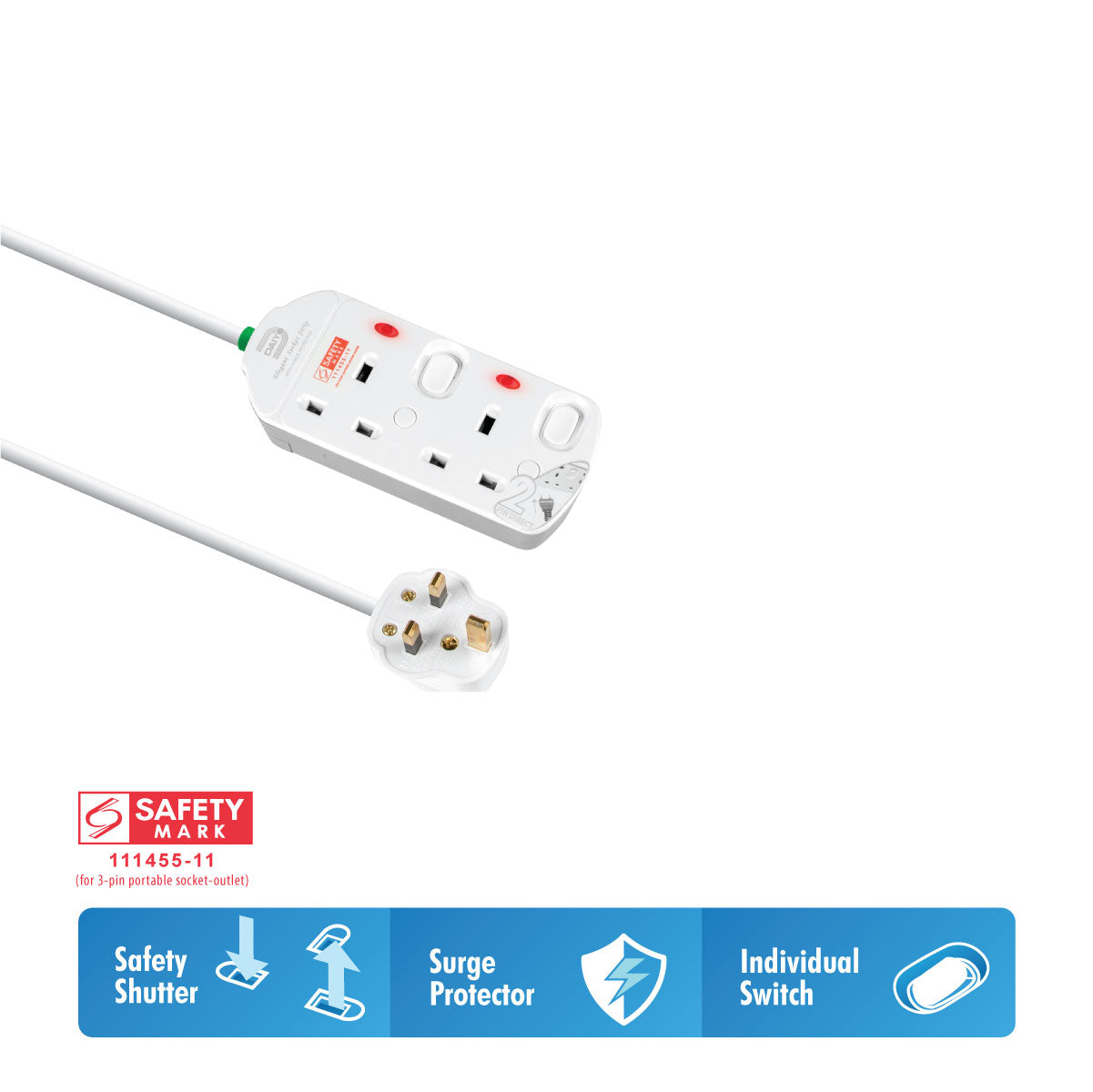 Daiyo DE 292 2 Way Elegant Surge Protector Power Extension Socket Strip with 2 Meter Power Cord