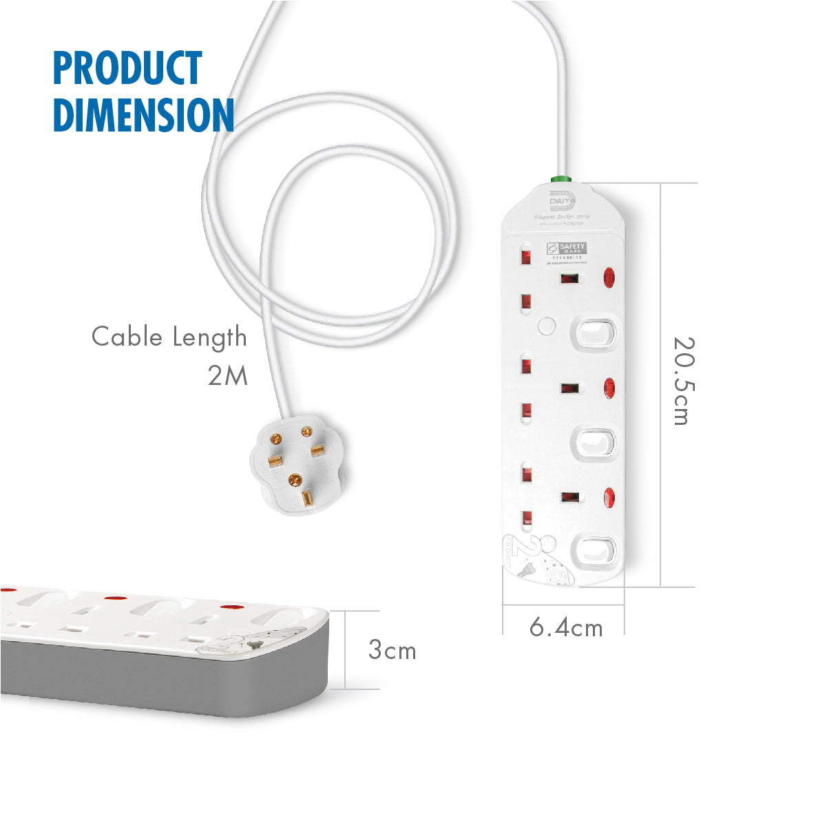 Daiyo DE 293 3 Way Elegant Surge Protector Power Extension Socket Strip with 2 Meter Power Cord