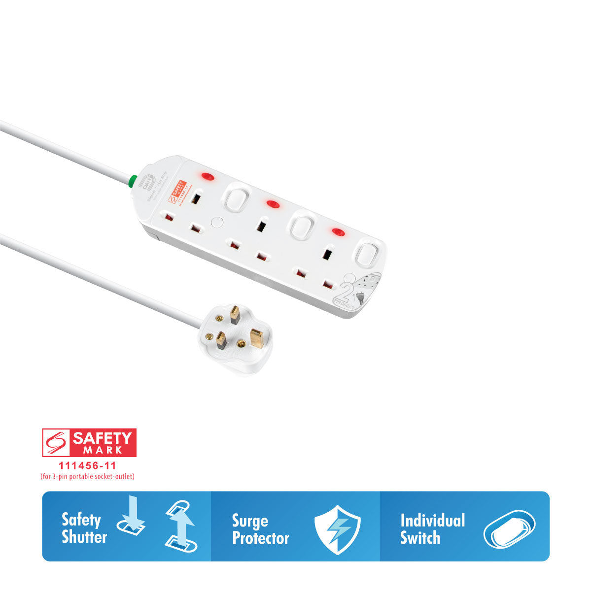 Daiyo DE 293 3 Way Elegant Surge Protector Power Extension Socket Strip with 2 Meter Power Cord