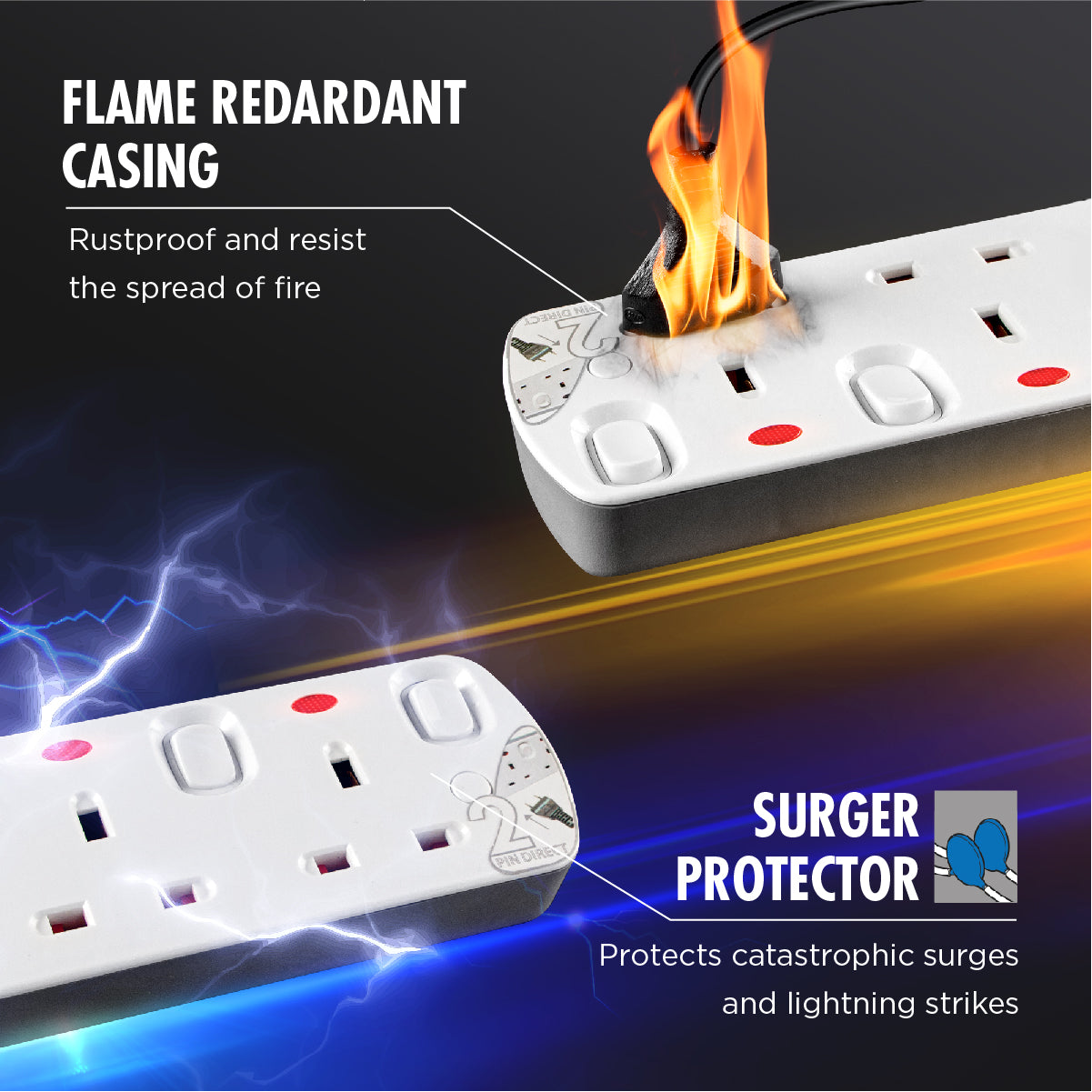 Daiyo DE 293 3 Way Elegant Surge Protector Power Extension Socket Strip with 2 Meter Power Cord