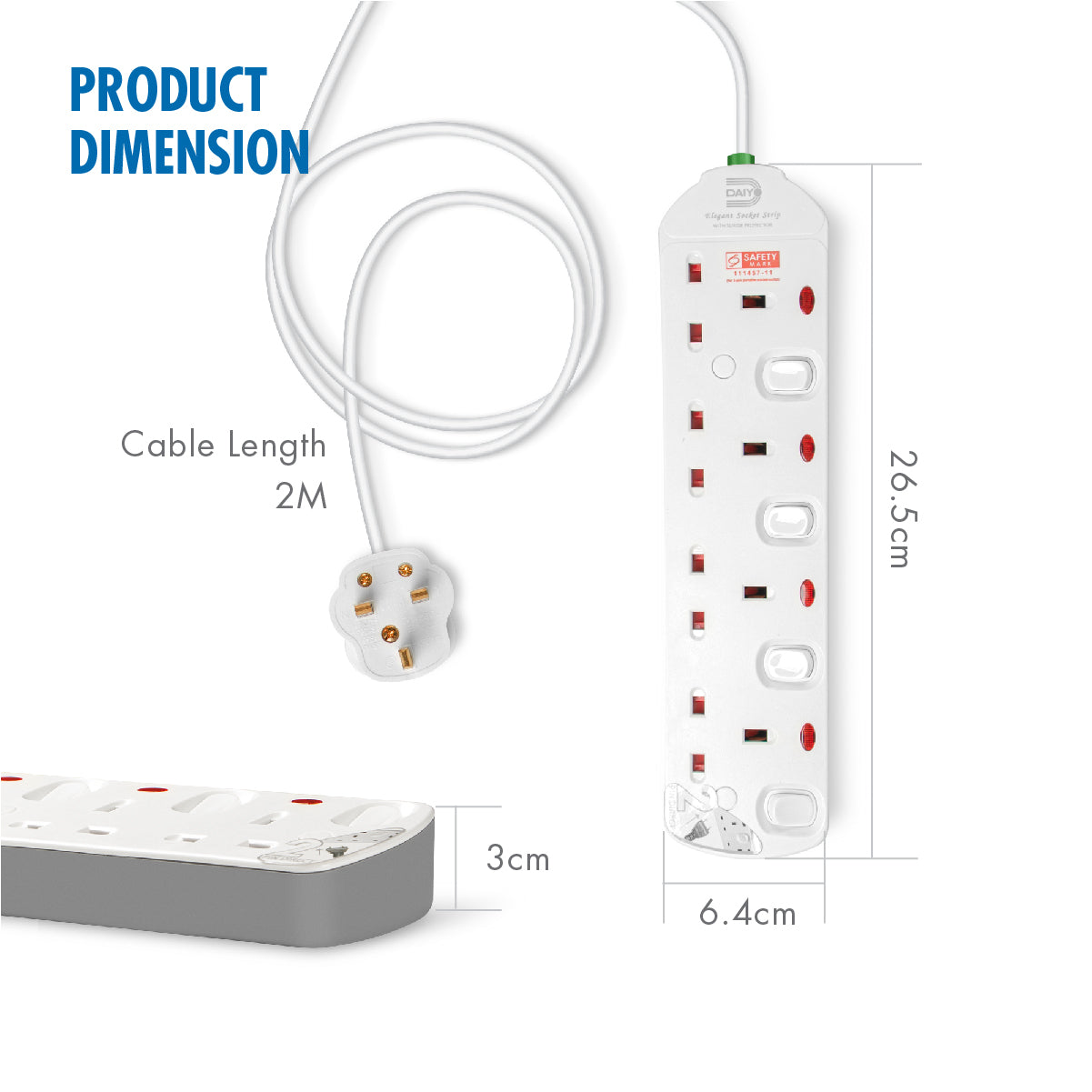 Daiyo DE 294 4 Way Elegant Surge Protector Power Extension Socket Strip with 2 Meter Power Cord