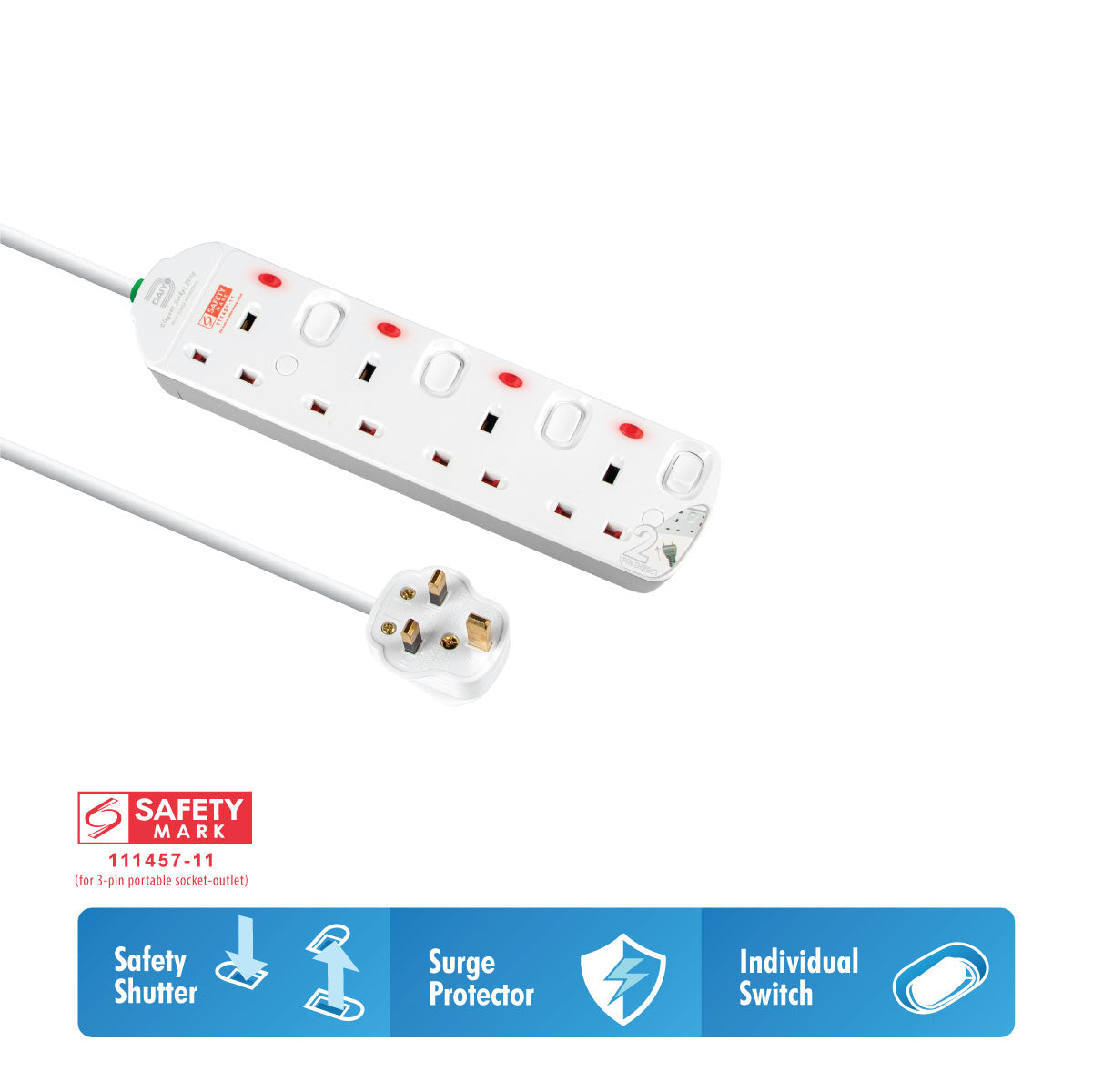 Daiyo DE 294 4 Way Elegant Surge Protector Power Extension Socket Strip with 2 Meter Power Cord