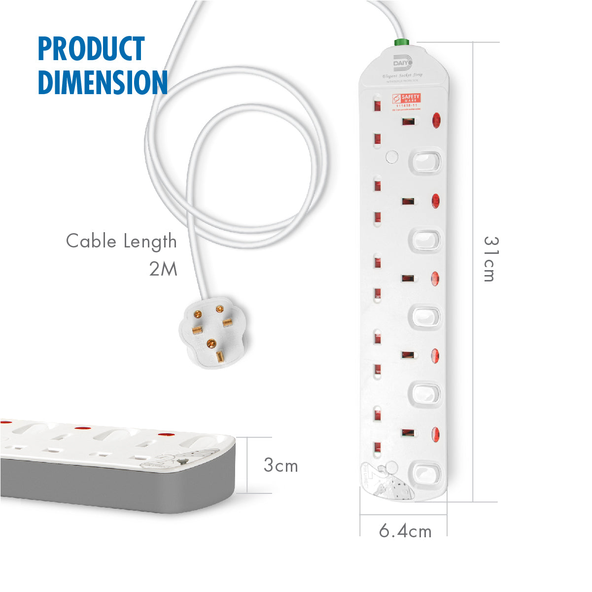 Daiyo DE 295 5 Way Elegant Surge Protector Power Extension Socket Strip with 2 Meter Power Cord