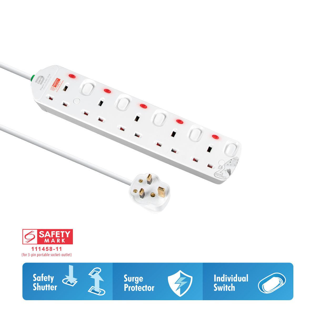 Daiyo DE 295 5 Way Elegant Surge Protector Power Extension Socket Strip with 2 Meter Power Cord