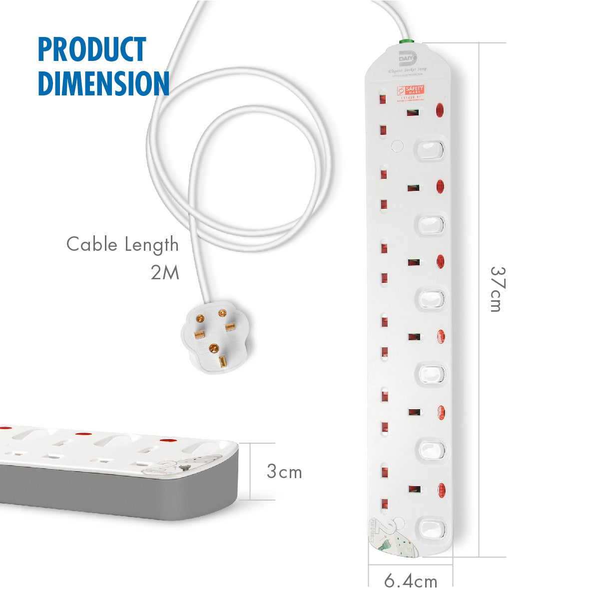 Daiyo DE 296 6 Way Elegant Surge Protector Power Extension Socket Strip with 2 Meter Power Cord