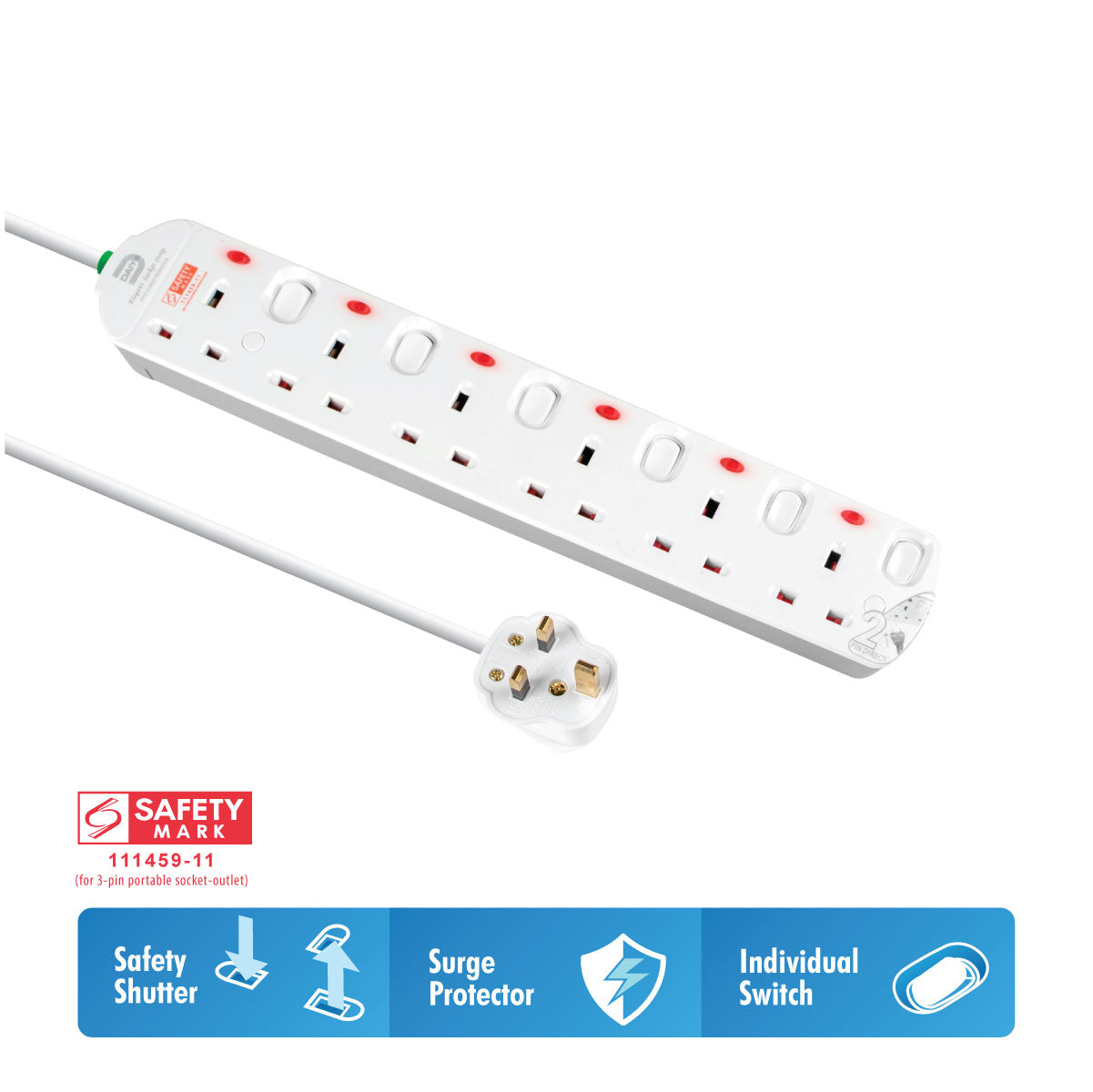 Daiyo DE 296 6 Way Elegant Surge Protector Power Extension Socket Strip with 2 Meter Power Cord