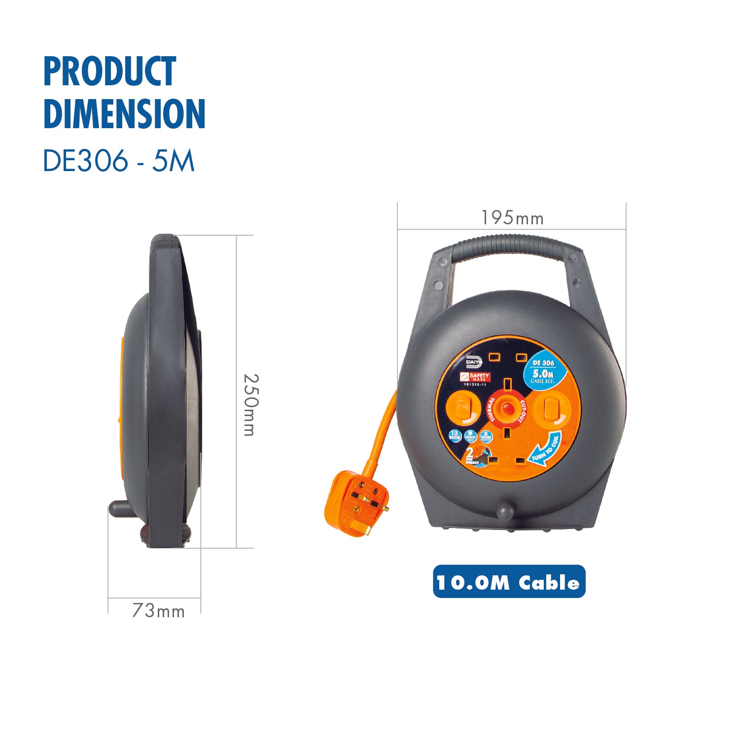 Daiyo DE 306 Portable Cable Reel/ Extension Cable Roll 5m
