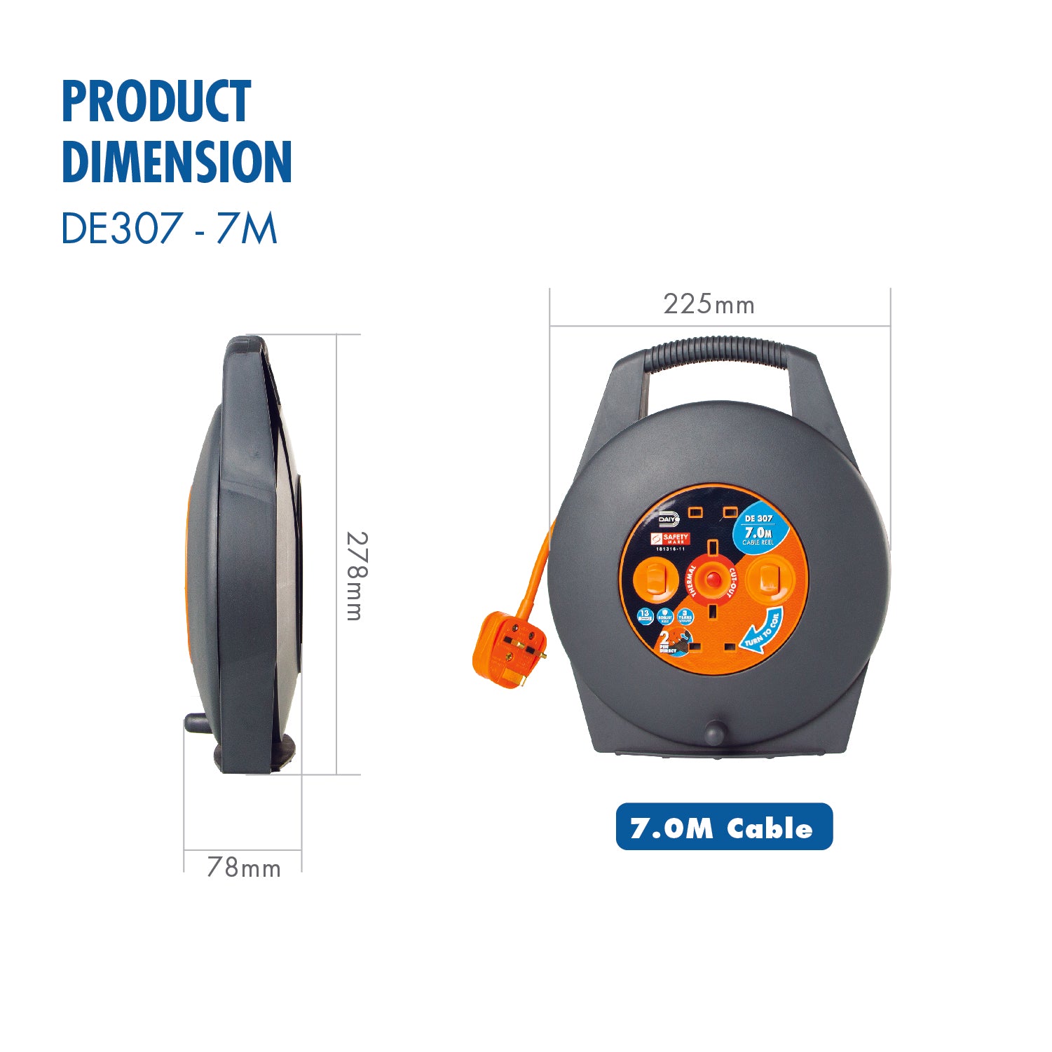 Daiyo DE 307 Portable Cable Reel/ Extension Cable Roll 7m