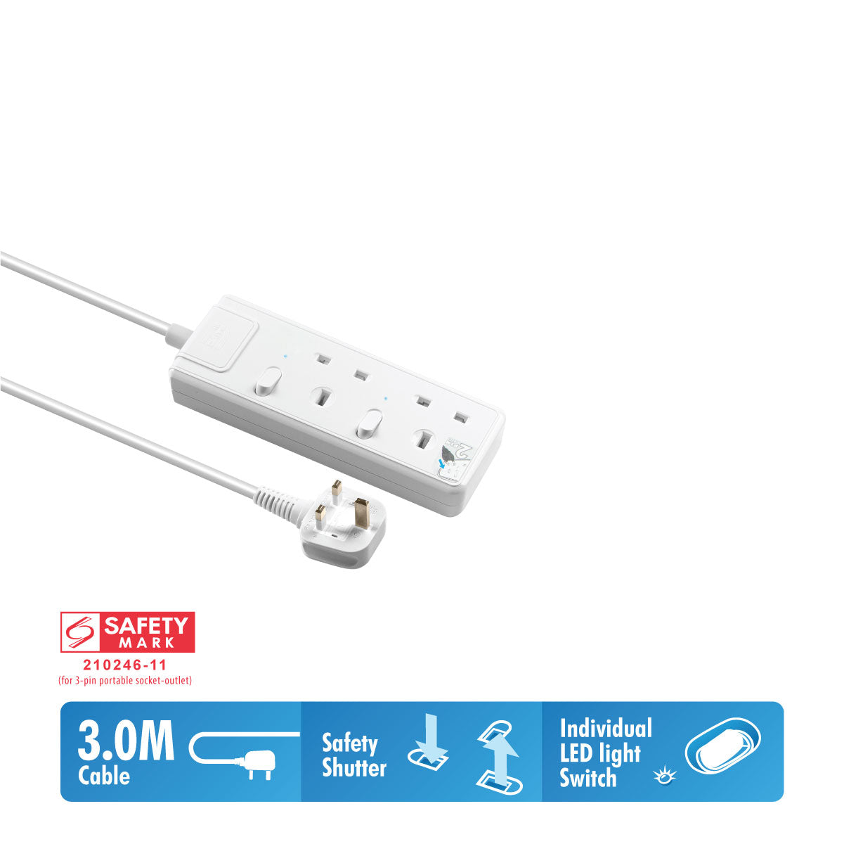 Daiyo DE 382 2 Way LED Surge Protector Power Extension Socket Strip with 3 Metre Power Cord