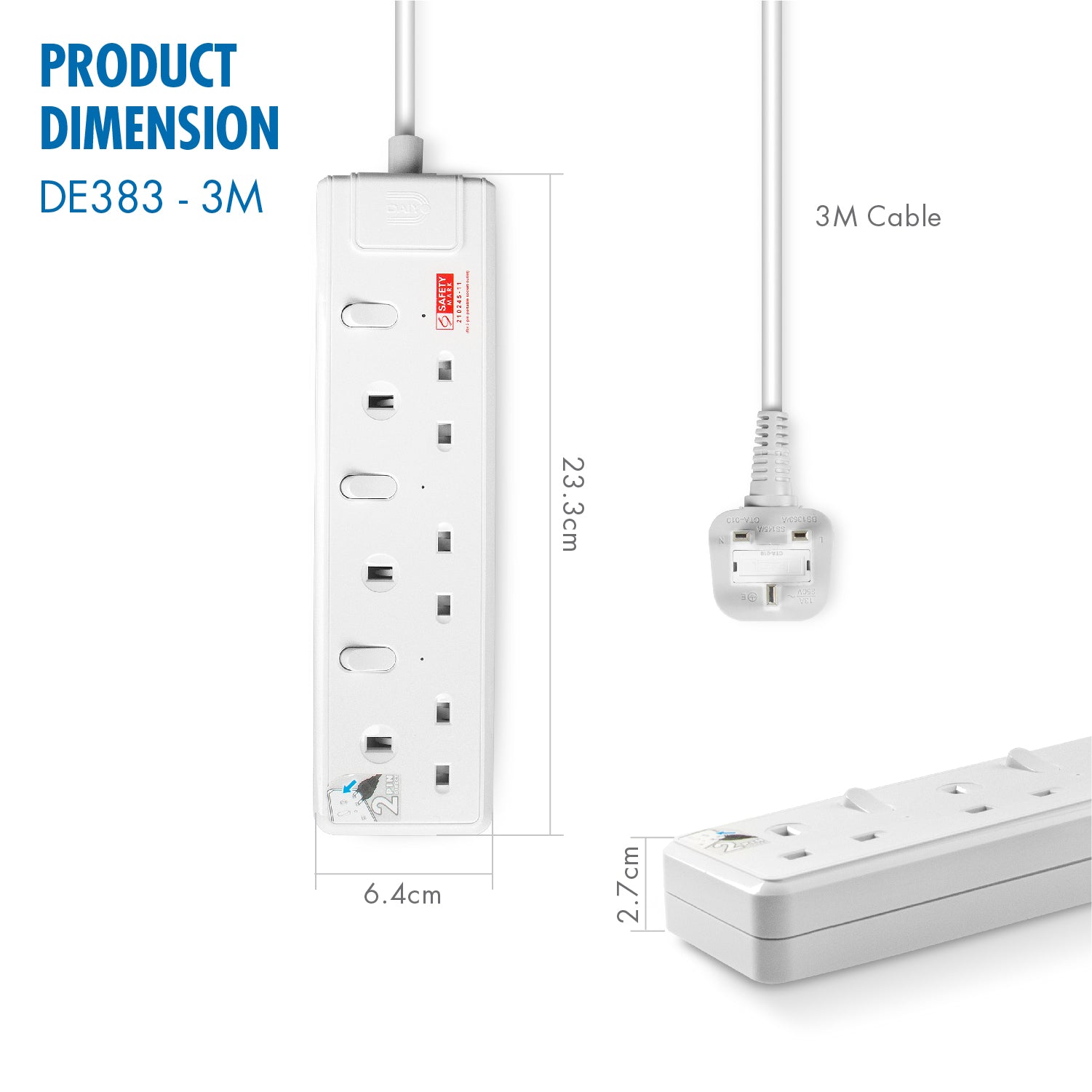 Daiyo DE 383 3 Way LED Surge Protector Power Extension Socket Strip with 3 Metre Power Cord