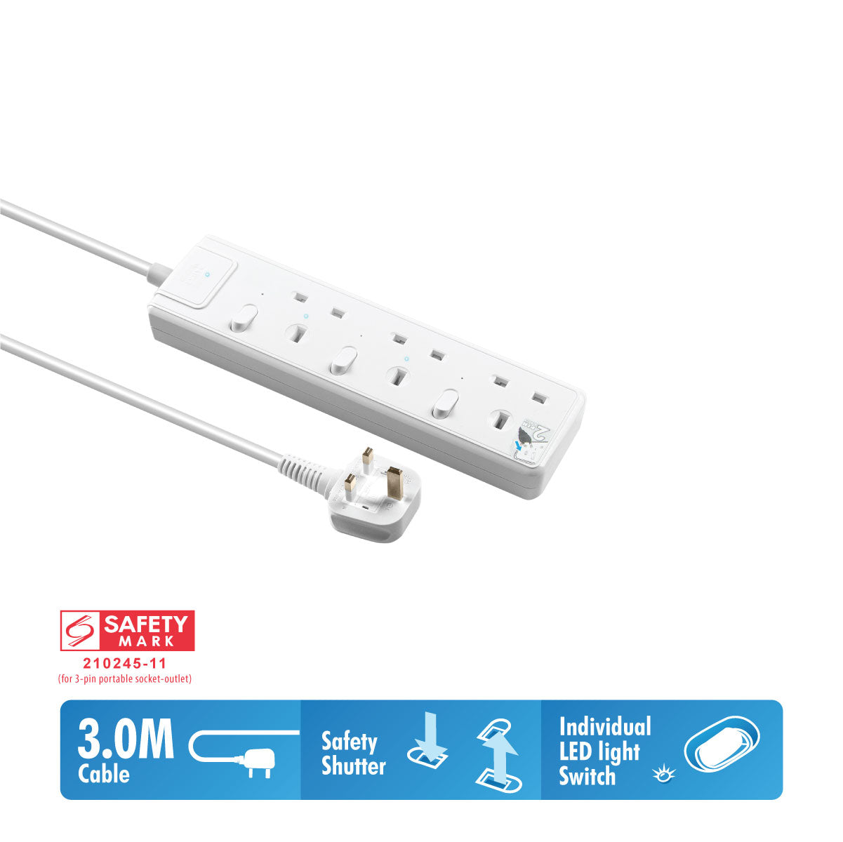 Daiyo DE 383 3 Way LED Surge Protector Power Extension Socket Strip with 3 Metre Power Cord