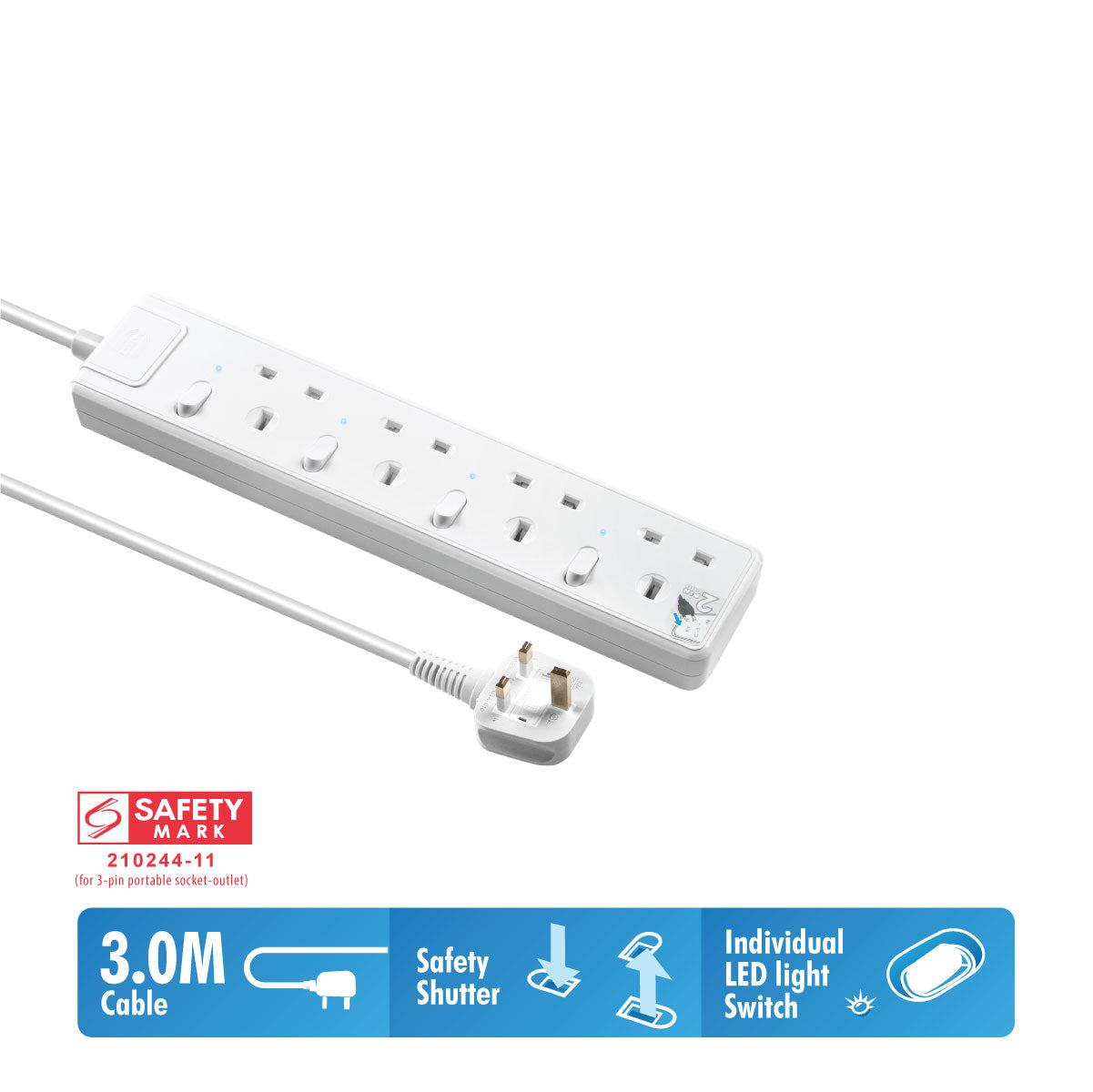 Daiyo DE 384 4 Way LED Surge Protector Power Extension Socket Strip with 3 Metre Power Cord