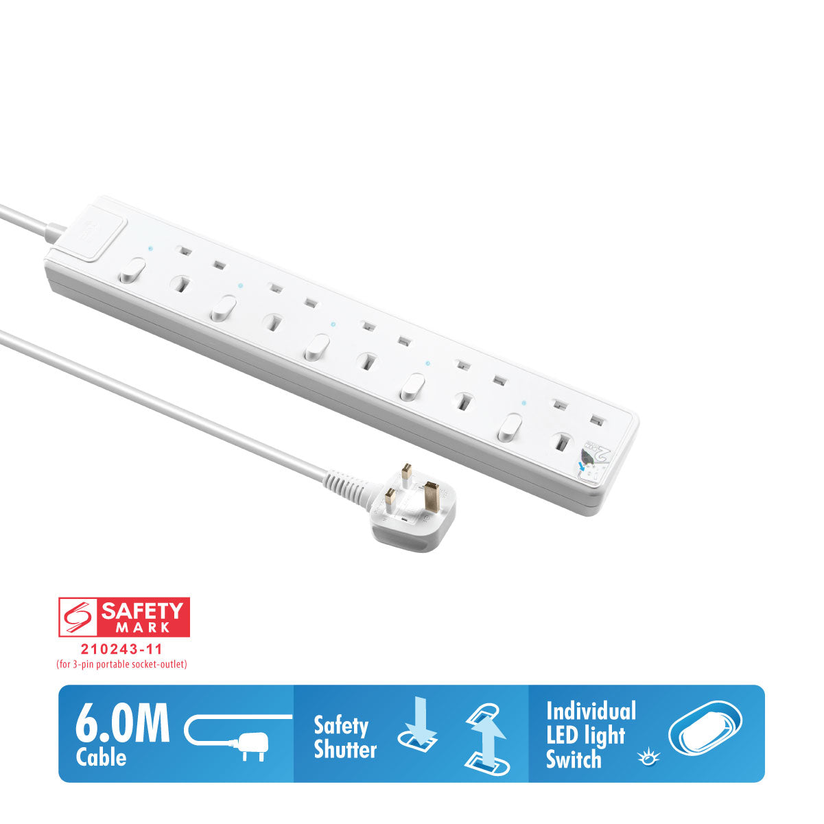 Daiyo DE 385 5 Way LED Surge Protector Power Extension Socket Strip with 6 Metre Power Cord
