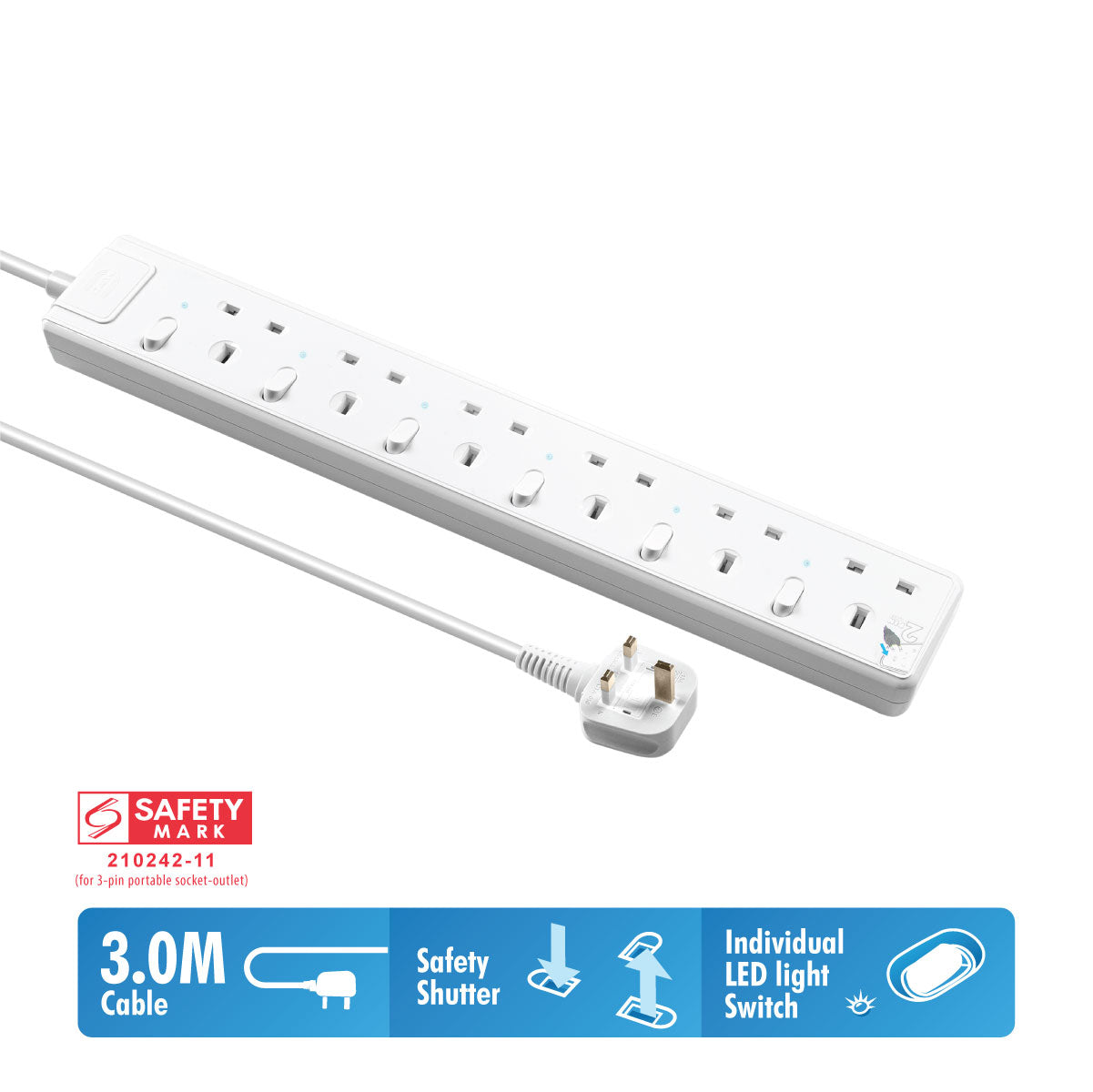 Daiyo DE 386 6 Way LED Surge Protector Power Extension Socket Strip with 3 Metre Power Cord