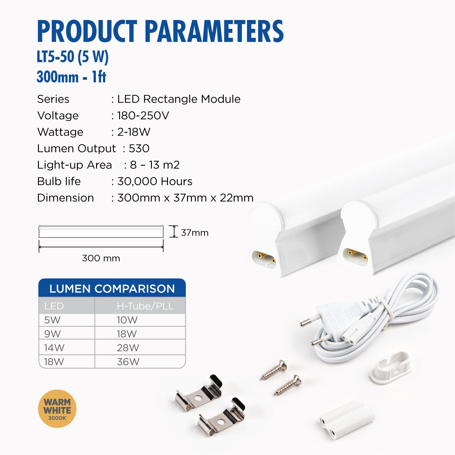Daiyo LT5-50-WW 5W LED T-5 Batten Light (Warm White)