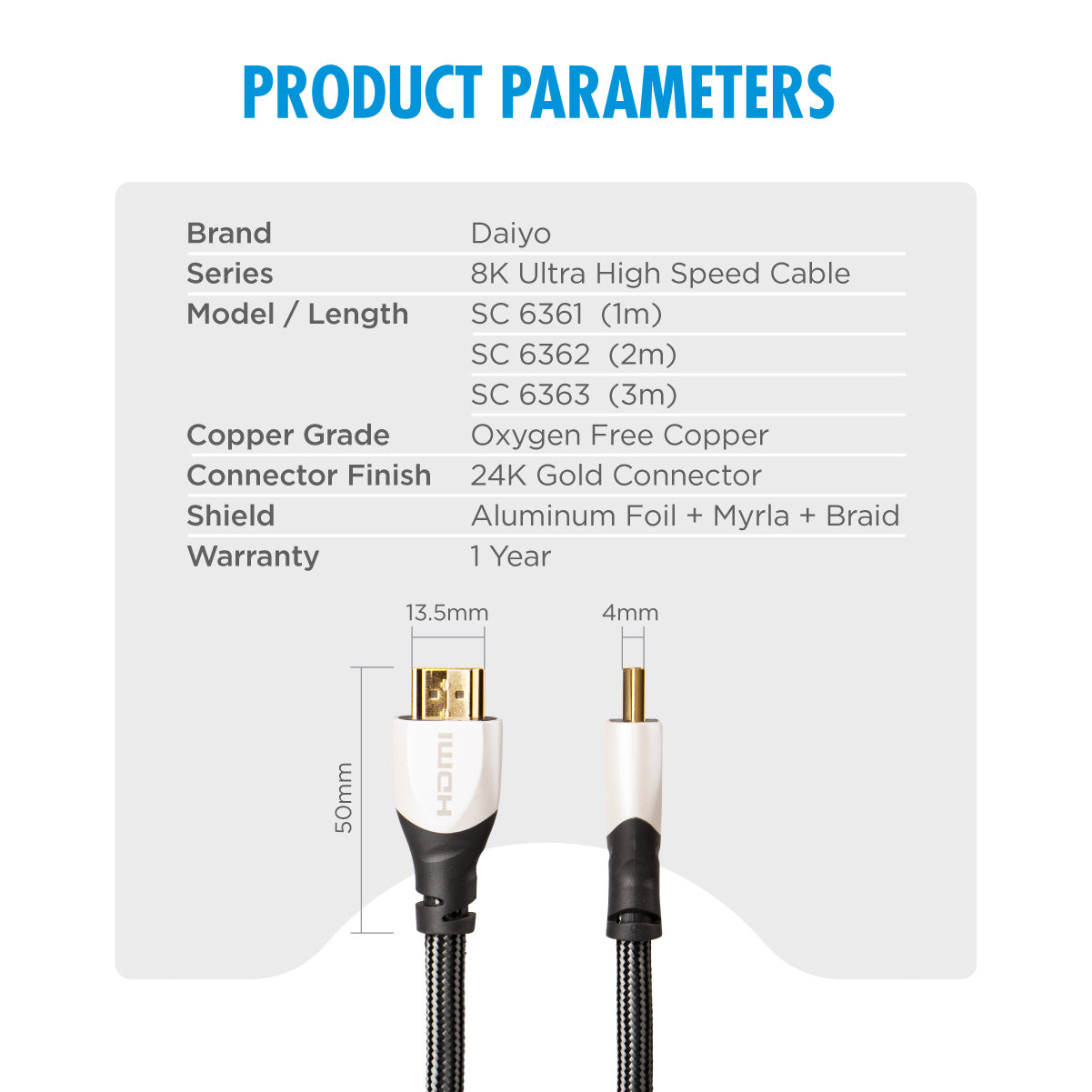 Daiyo SC 6363 8K Ultra High Speed HDMI Cable 2.1 Version 3.0m