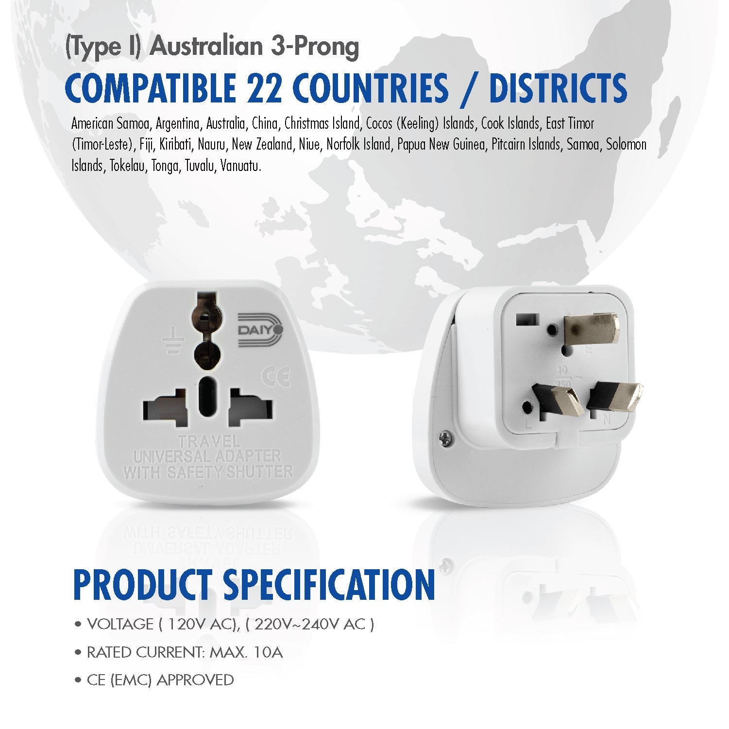 Traveller Adaptor DE 204 Australian 3-Prong X 2 Pieces | Argentina, Australia, China, Cook Islands, Fiji, Guatemala, Kiribati