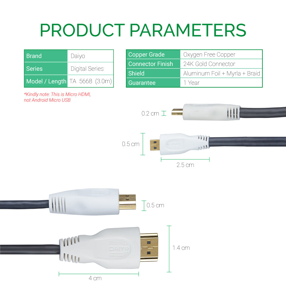 Daiyo TA 5668 Digital 4K Micro HDMI Cable 3.0m