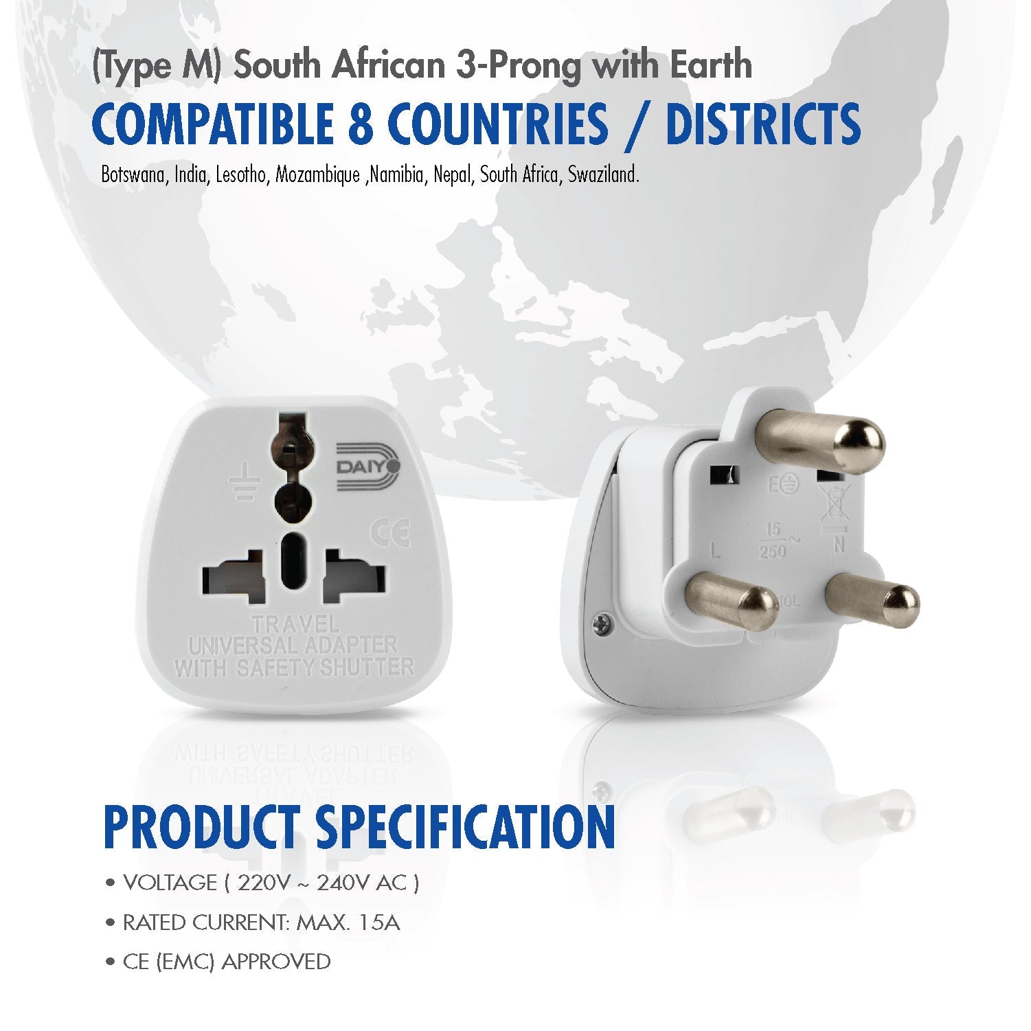 Traveller Adaptor DE 206 South African 3 Prong With Earth X 2 Pieces | Botswana, India, Lesotho, Mozambique, Namibia, Nepal