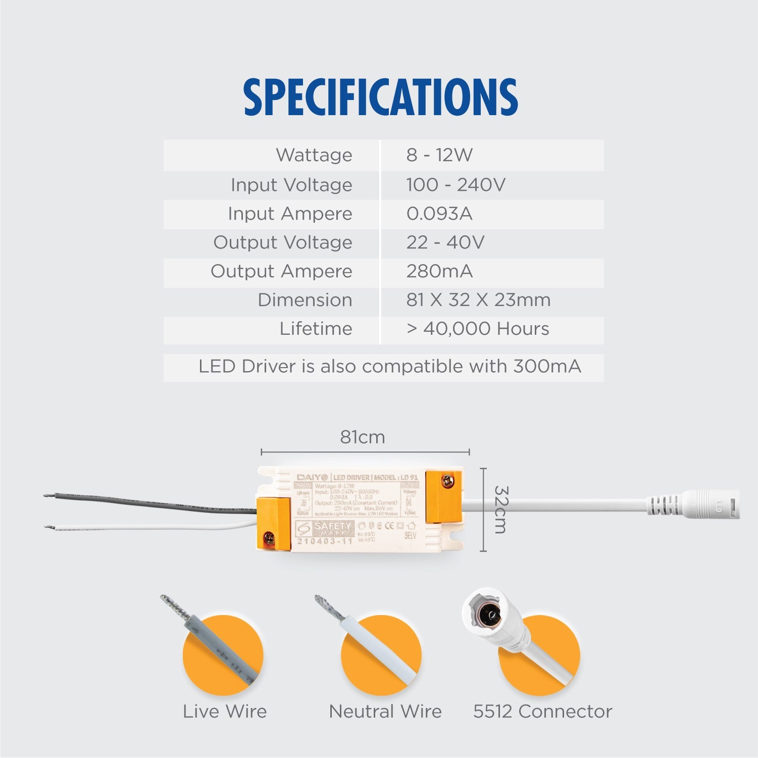 Daiyo LD 91 8-12W LED Driver / 5521 DC Plug 280mA