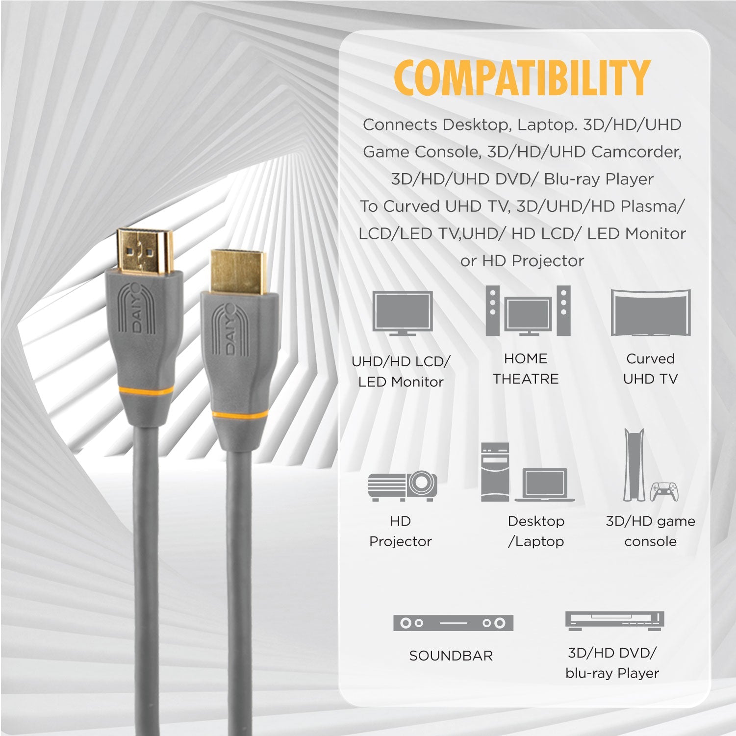 Daiyo TA 5663 HD Series 4K Ultra High Definition (UHD) HDMI Ver 2.0 Cable Length 3m 24K Gold Connector