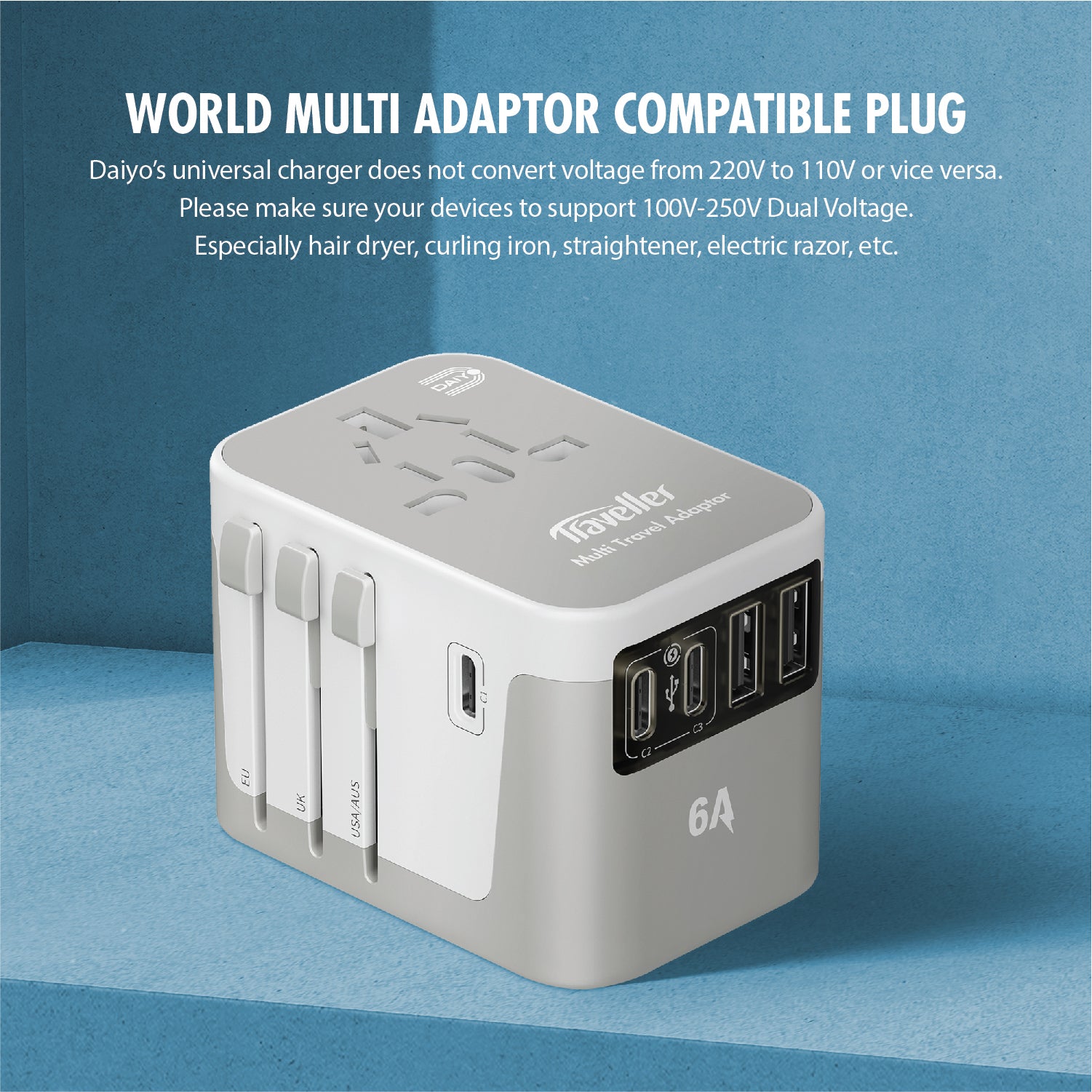 Daiyo DE 320 Universal Travel Adapter with 2 USB Port + 3 Type-C Port Wall Chargers Plug