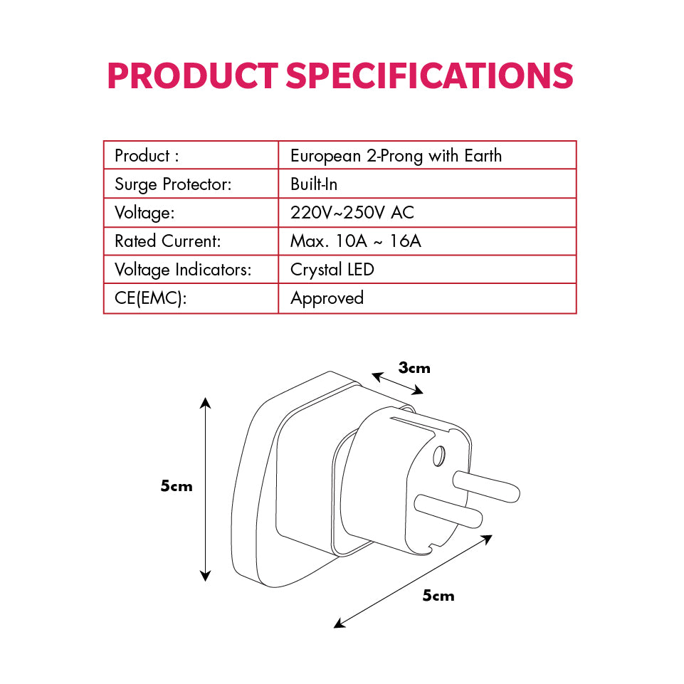 Daiyo DE 237 Traveller Adaptor European 2-Prong With Earth | Finland, France, Germany, Greece, Iran, Norway, Russia, South Korea, Spain, Sweden, Thailand, Turkey