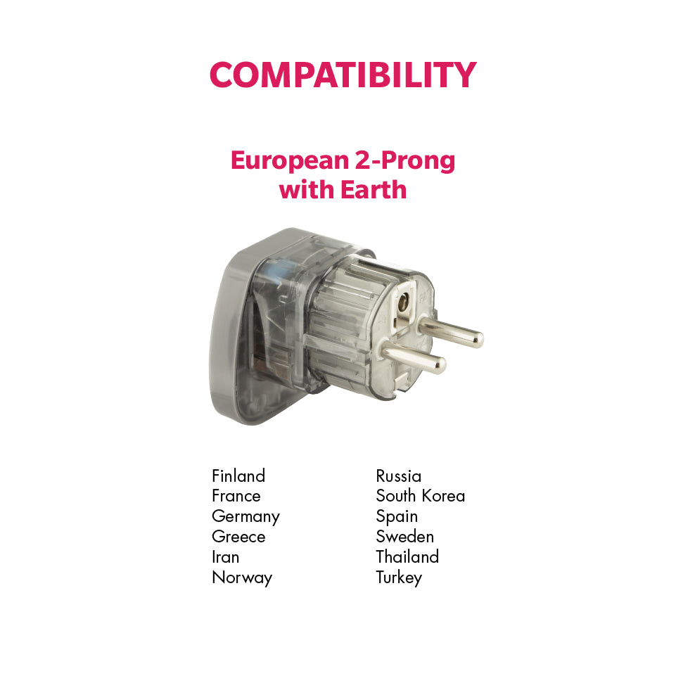 Daiyo DE 237 Traveller Adaptor European 2-Prong With Earth | Finland, France, Germany, Greece, Iran, Norway, Russia, South Korea, Spain, Sweden, Thailand, Turkey