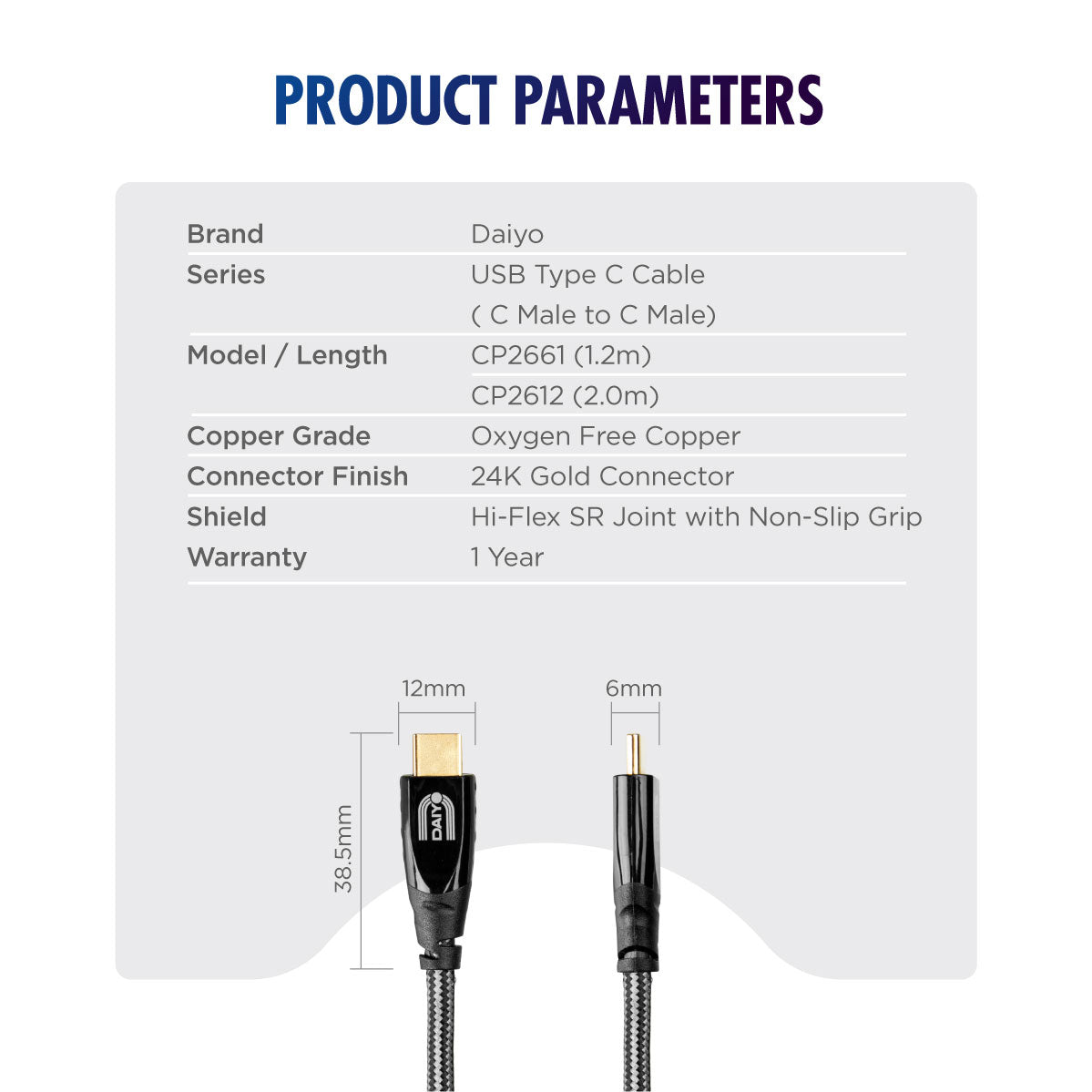 Daiyo CP 2613 TYPE C Fast Charging USB 2.0 - C Male / C Male 1.2m Cable
