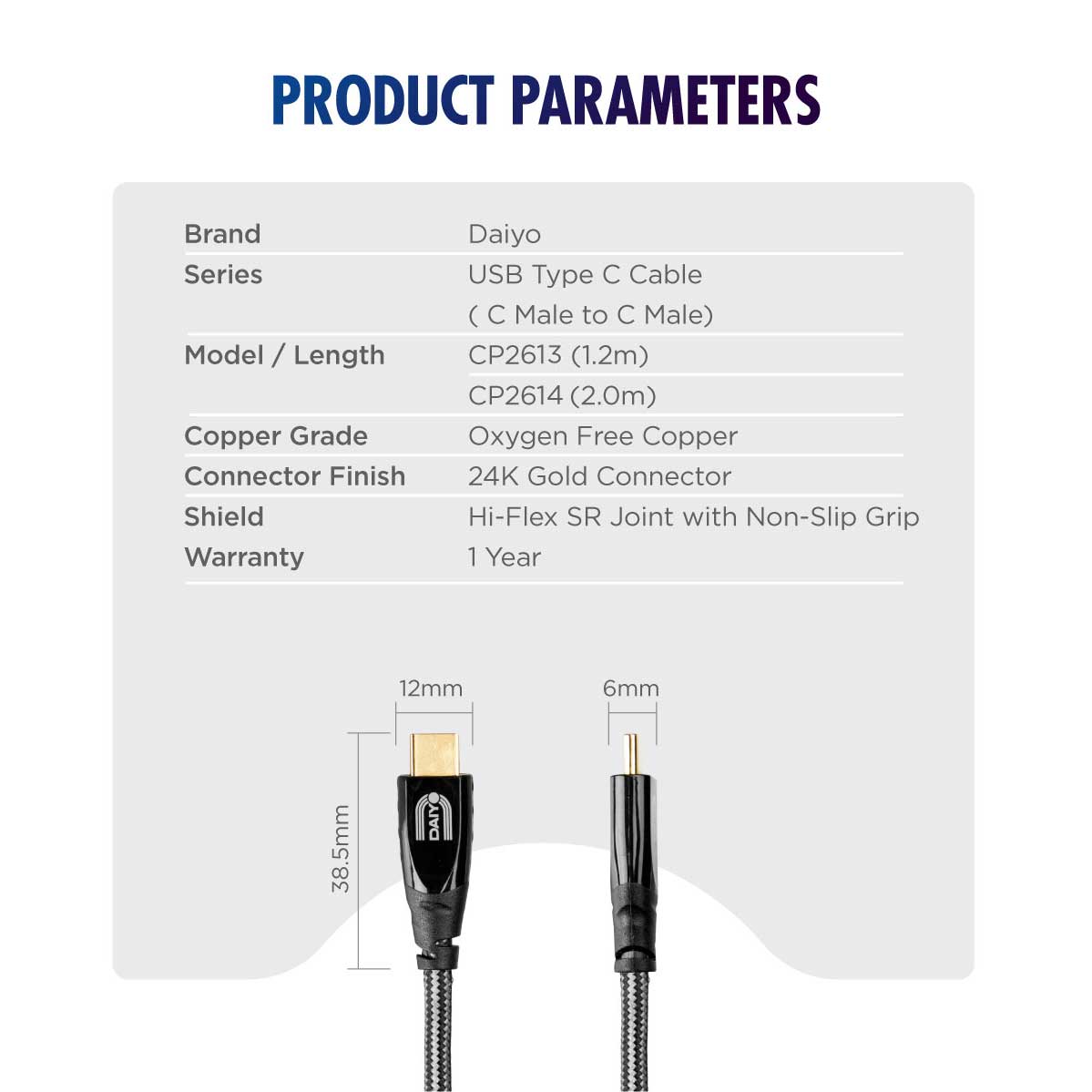 Daiyo CP 2613 TYPE C Fast Charging USB 2.0 - C Male / C Male 1.2m Cable