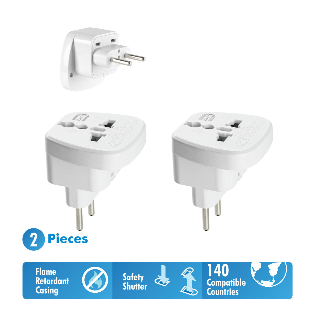 Traveller Adaptor European 2-Prong X 2 Pieces | Brazil, China, Egypt, Indonesia, Italy, Nepal, North Korea, Philippines