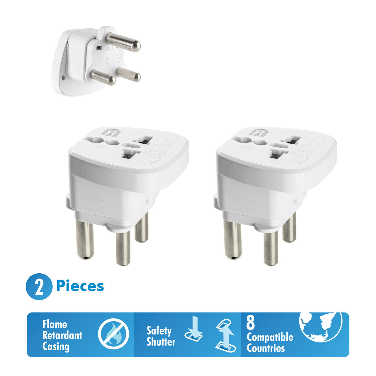 Traveller Adaptor South African 3 Prong With Earth X 2 Pieces | Botswana, India, Lesotho, Mozambique, Namibia, Nepal