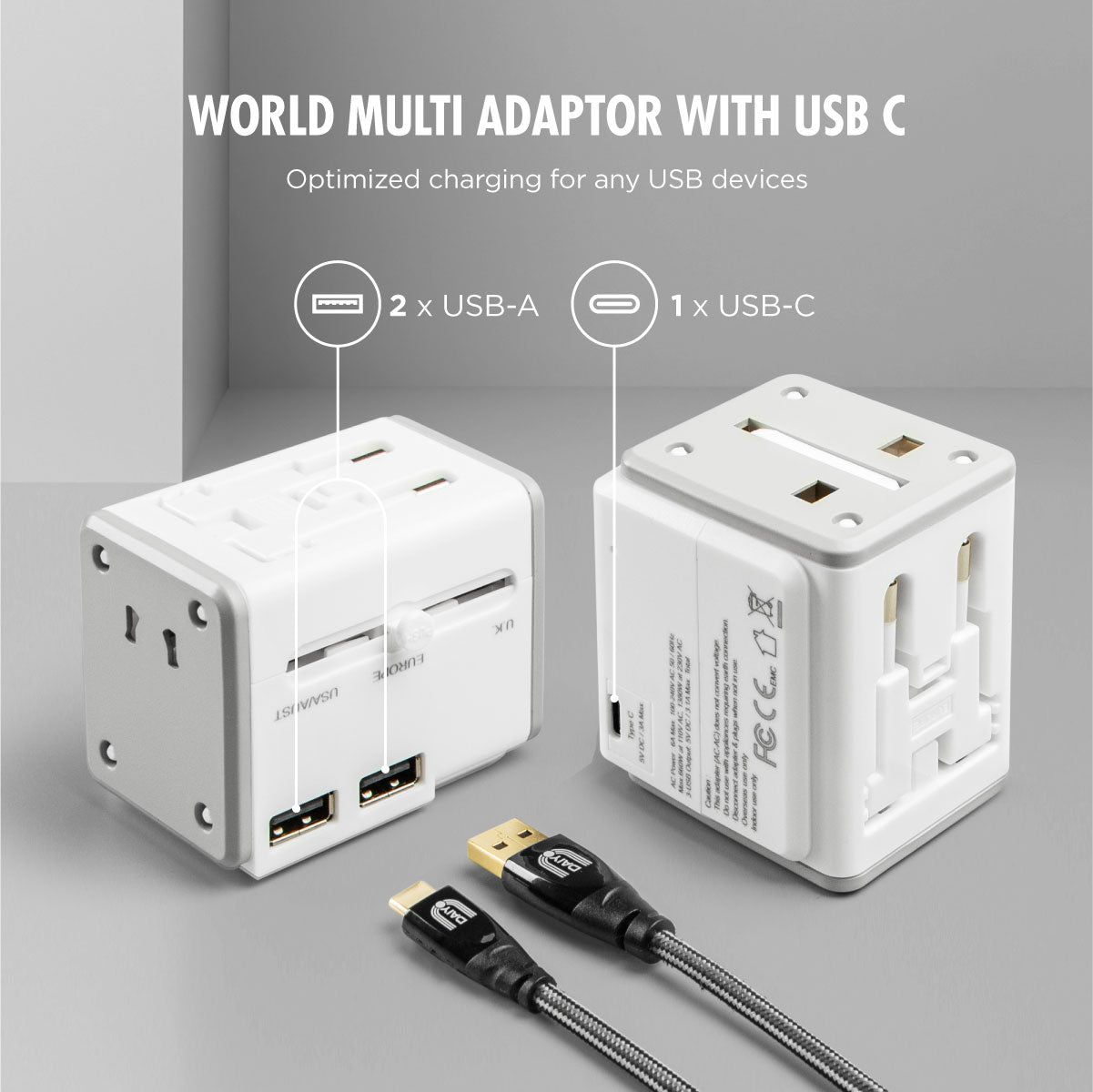 Daiyo DE 318 Travel World Multi Adaptor 3.1A,  2 USB-A + 1 USB-C Ports
