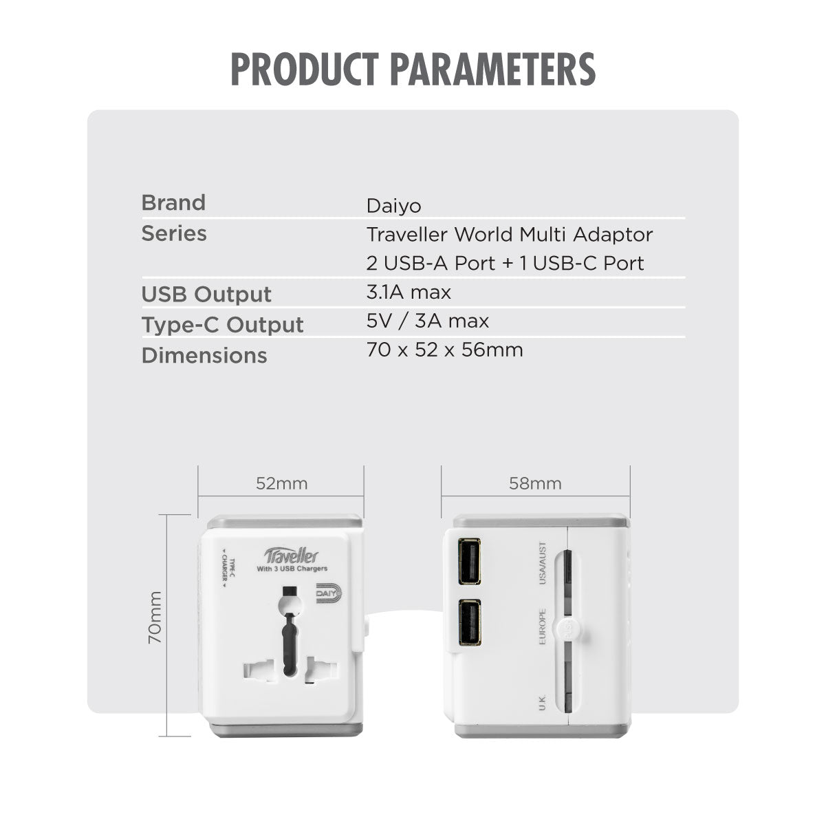Daiyo DE 318 Travel World Multi Adaptor 3.1A,  2 USB-A + 1 USB-C Ports