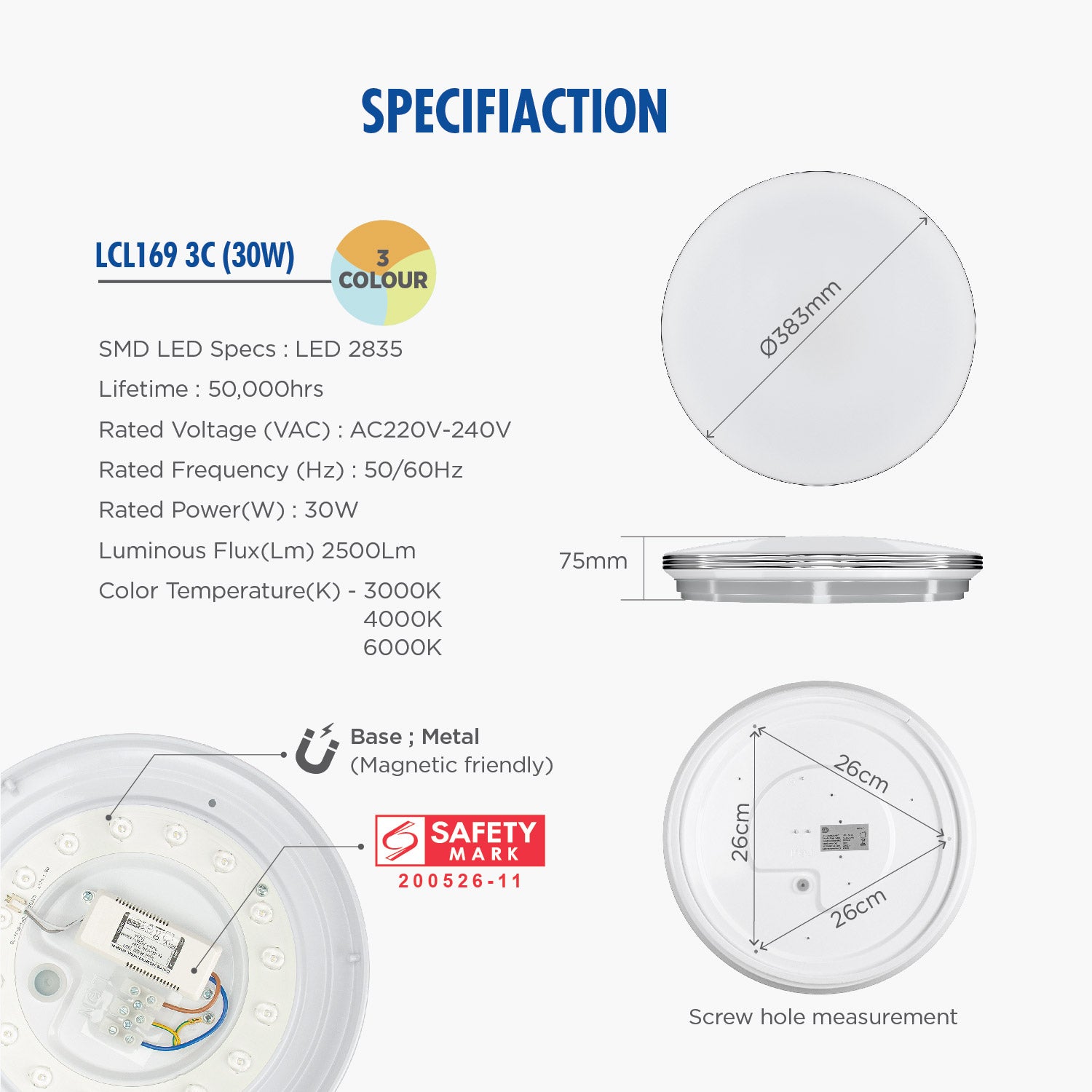 Daiyo LCL 169 3C LED 30W Ceiling Light with 3-Step Wall Switch