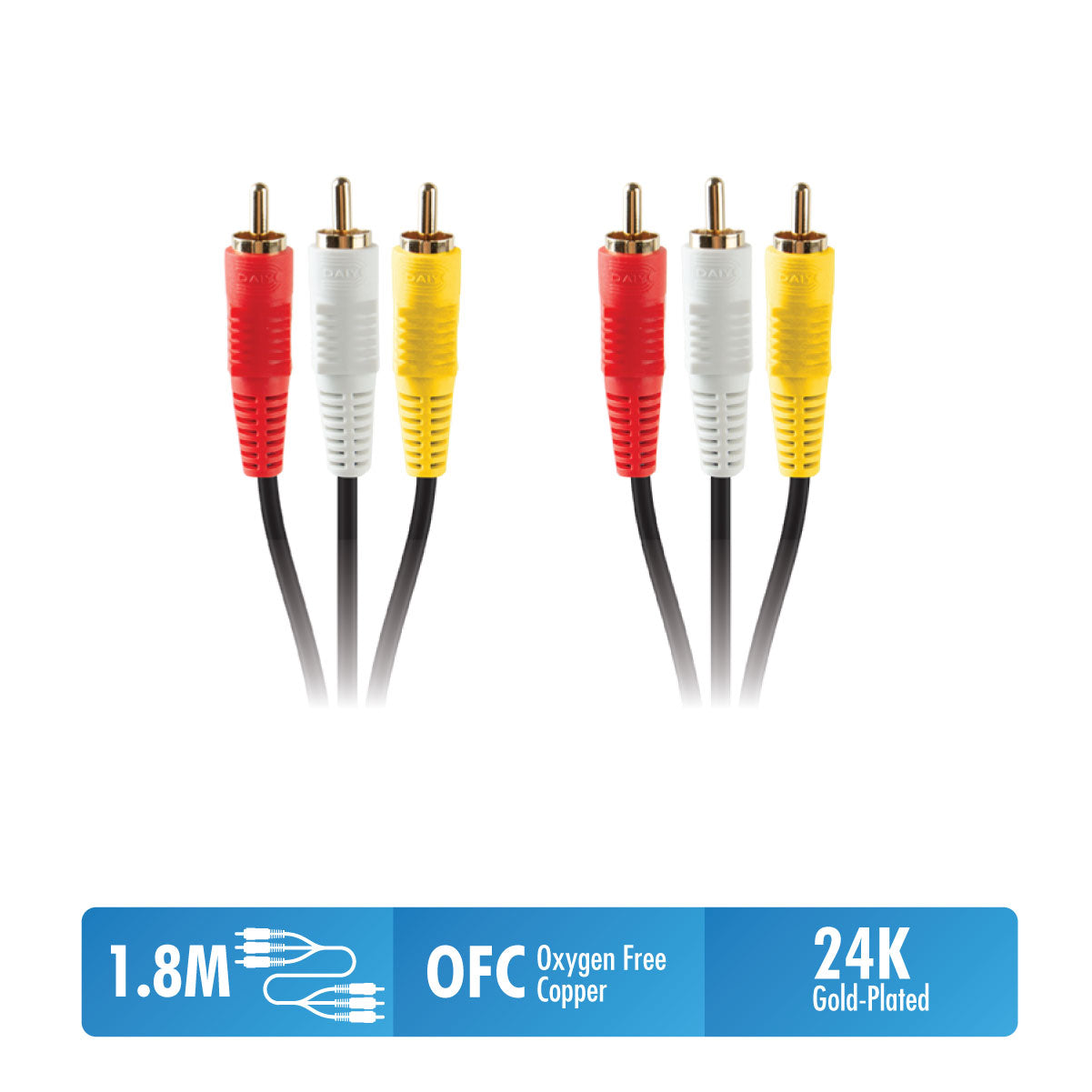 Daiyo TA 8585 Video 3 RCA Cable Red, White and Yellow Gold Connector 1.8m