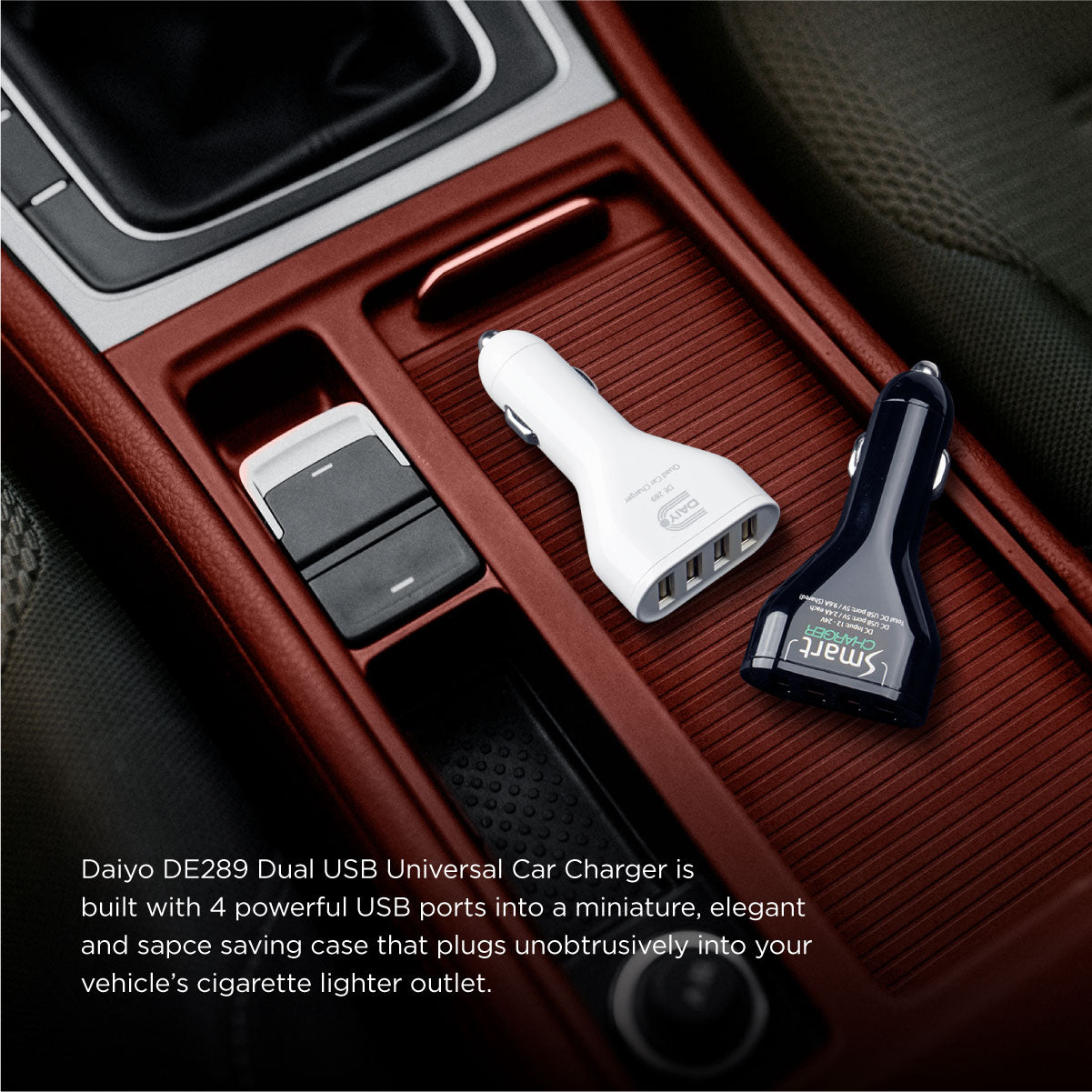 Daiyo DE 289 9.6A Smart Quad USB Car Charger White