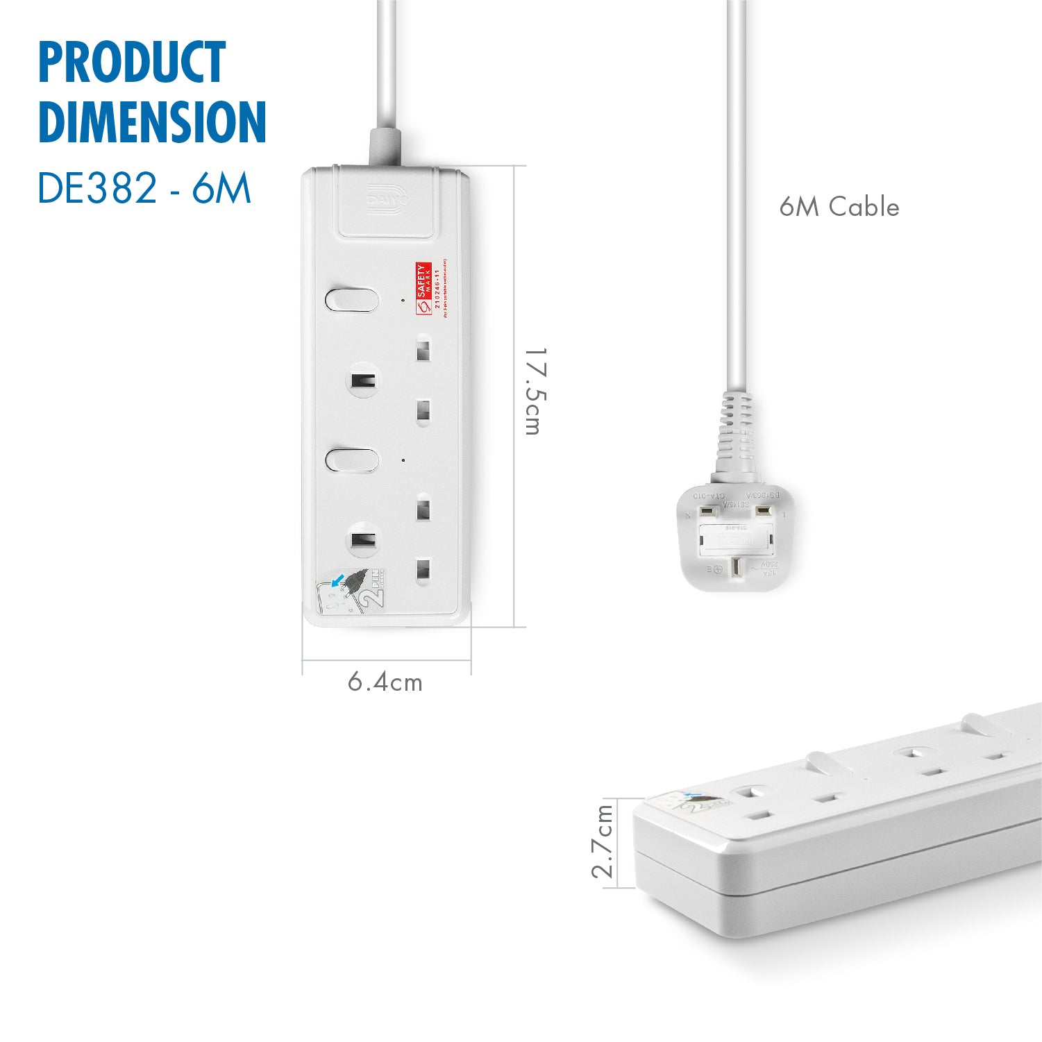 Daiyo DE 382 2 Way LED Surge Protector Power Extension Socket Strip with 6 Metre Power Cord