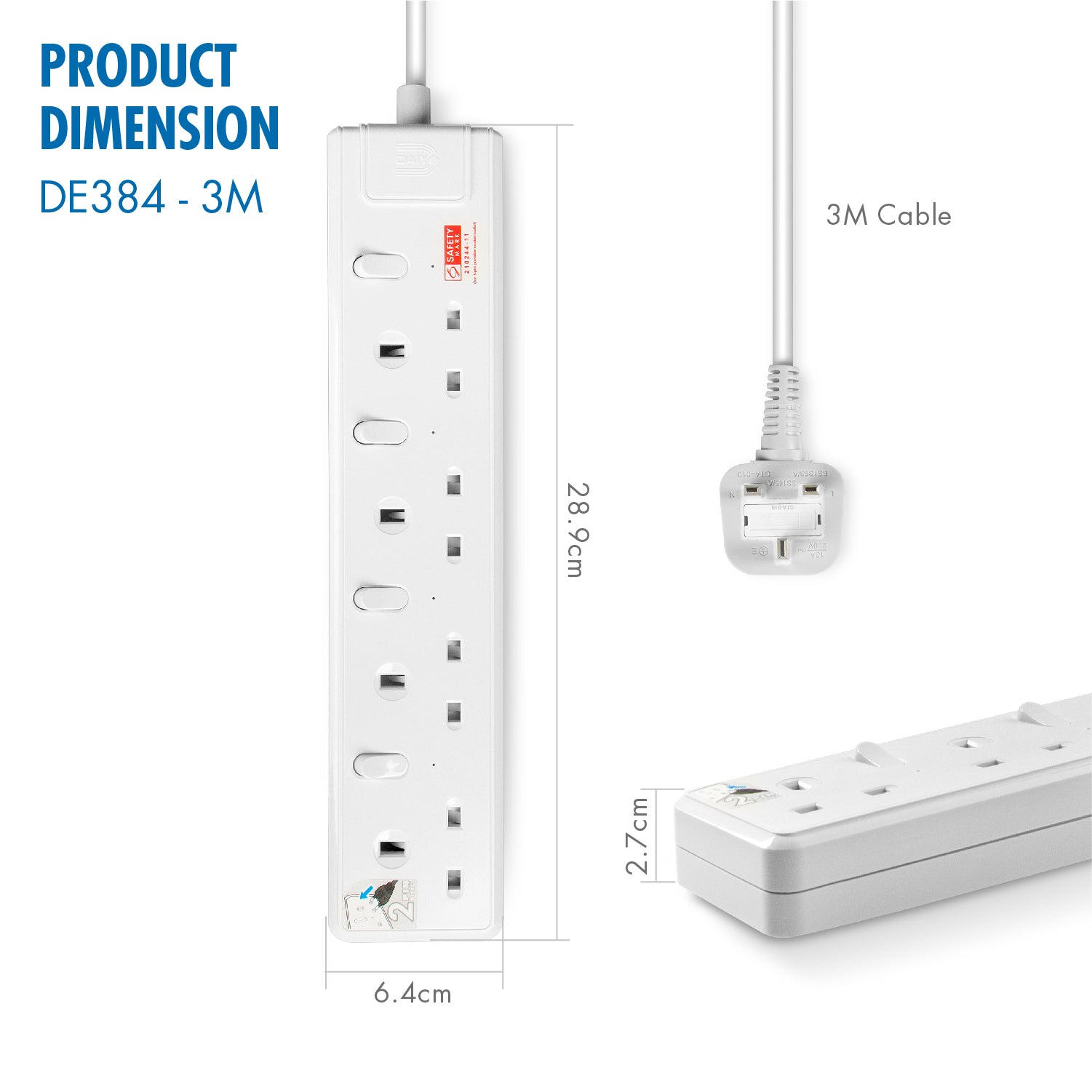 Daiyo DE 384 4 Way LED Surge Protector Power Extension Socket Strip with 3 Metre Power Cord