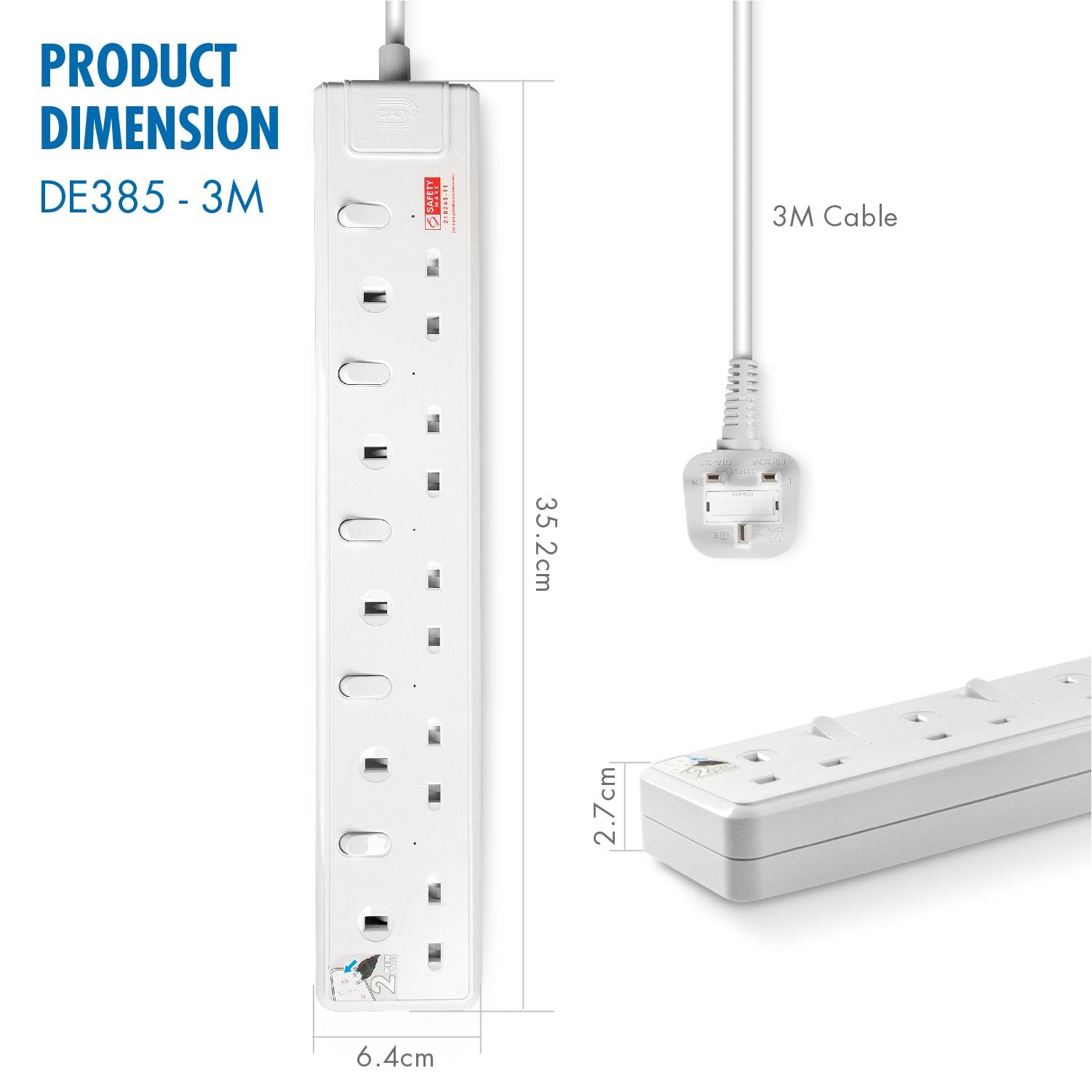 Daiyo DE 385 5 Way LED Surge Protector Power Extension Socket Strip with 3 Metre Power Cord