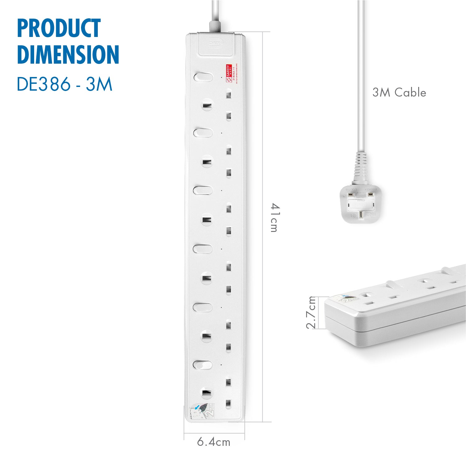 Daiyo DE 386 6 Way LED Surge Protector Power Extension Socket Strip with 3 Metre Power Cord