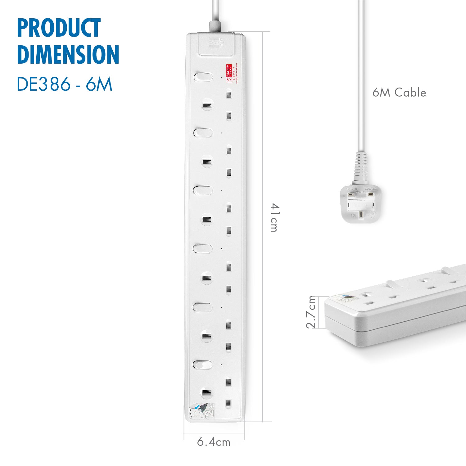 Daiyo DE 385 5 Way LED Surge Protector Power Extension Socket Strip with 6 Metre Power Cord