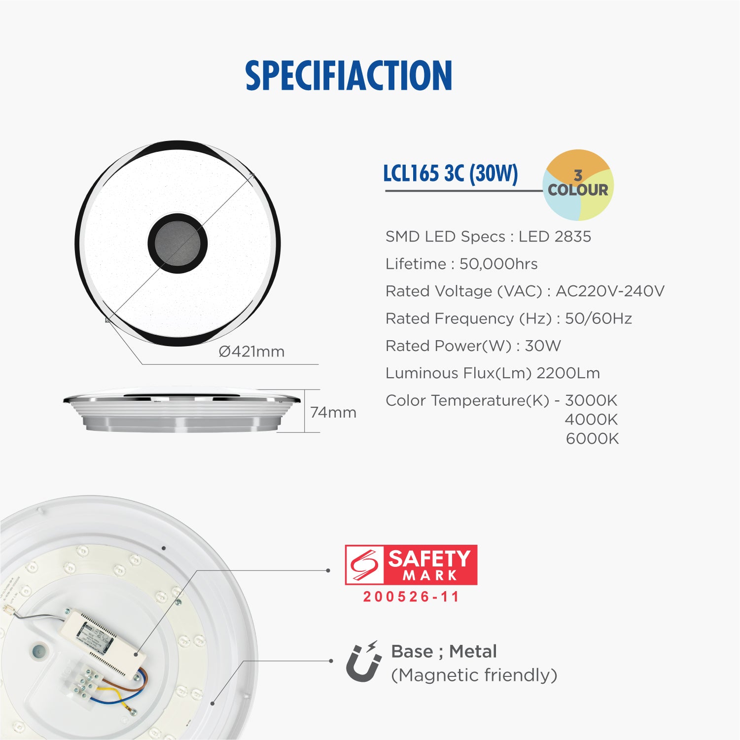Daiyo LCL 165 3C LED Ceiling Light with 3-Step Wall Switch