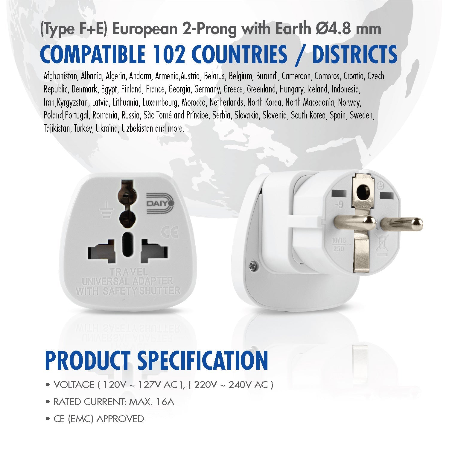 Traveller Adaptor European 2-Prong With Earth X 2 Pieces | Finland, France, Germany, Greece, Norway, South Korea