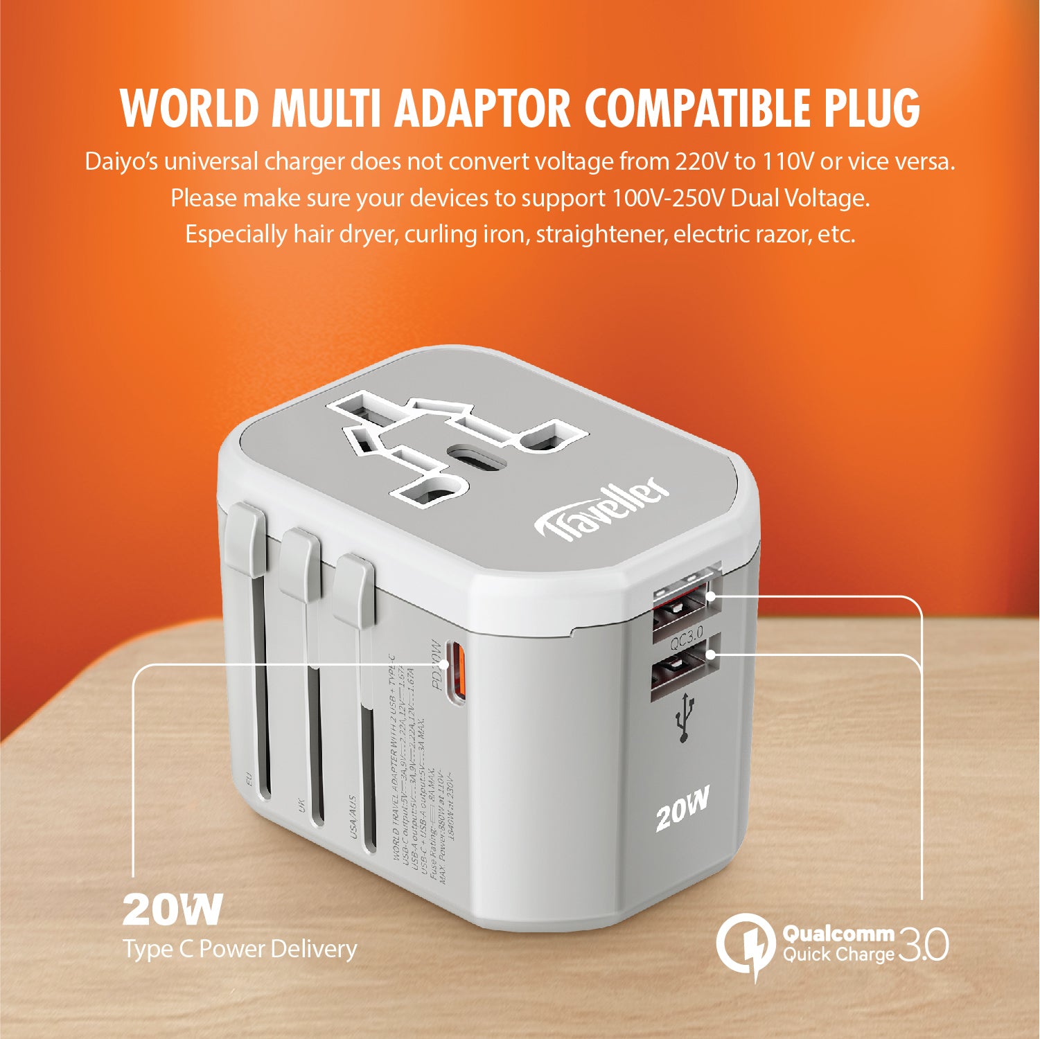 Daiyo DE 321 Universal Travel Adapter with 2 USB Port + 1 Power Delivery Type-C Port Wall Charger